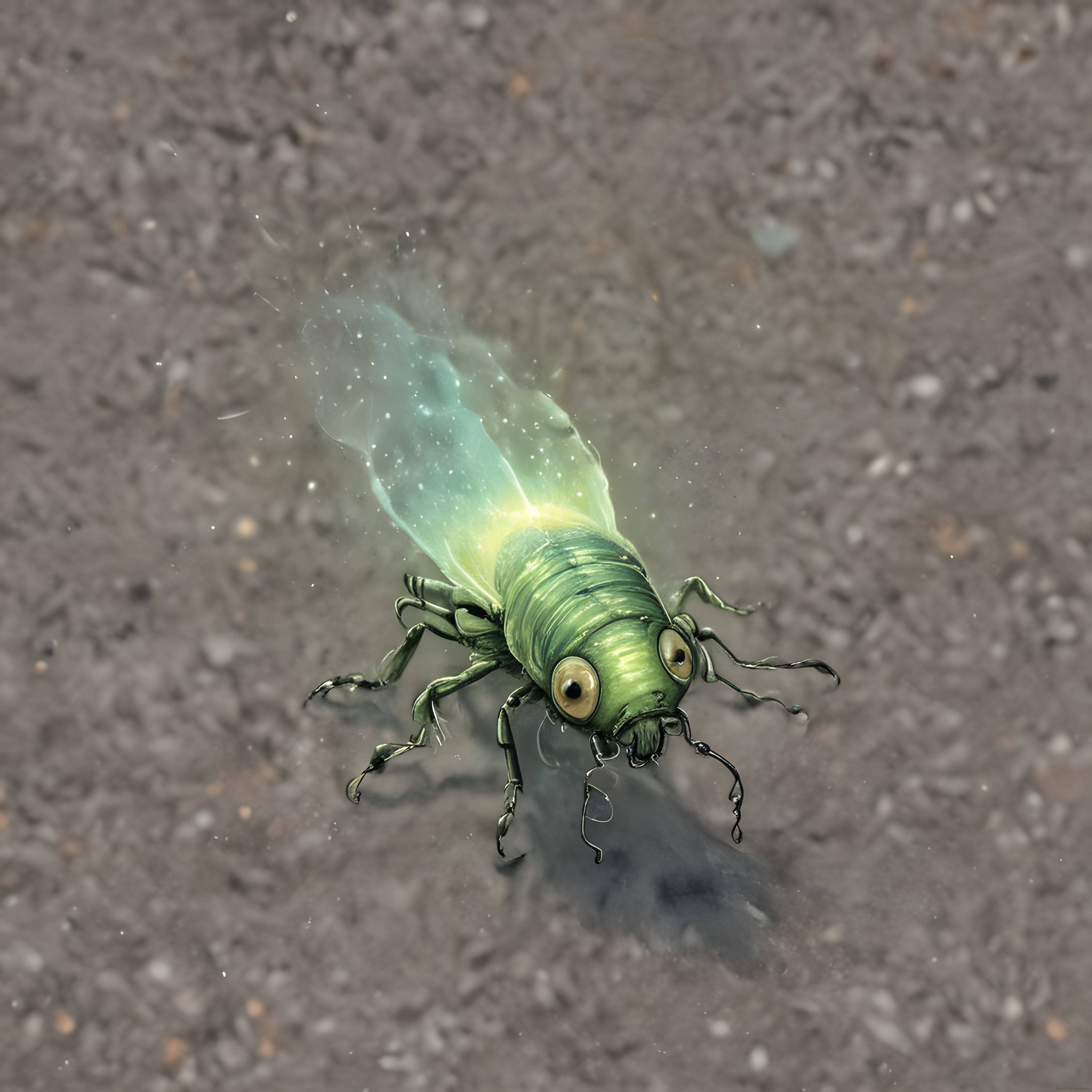 Gri Zemin Üzerinde Parlayan Yeşil Metalik Böcek Figürü ve Şeffaf Kanat