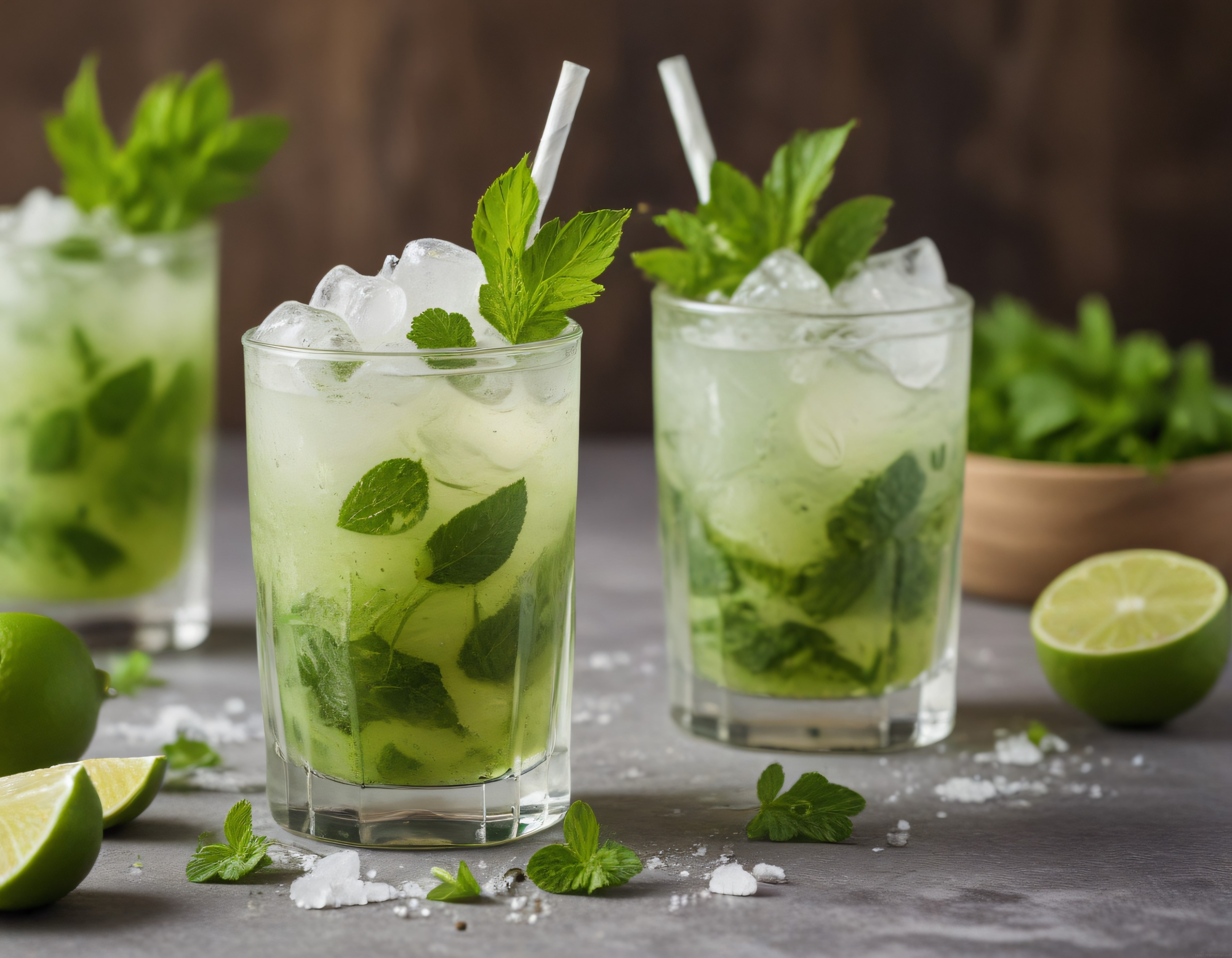 Gri Zemin Üzerinde Sunulmuş Ferahlatıcı Naneli Mojito Kokteyl İçeceği