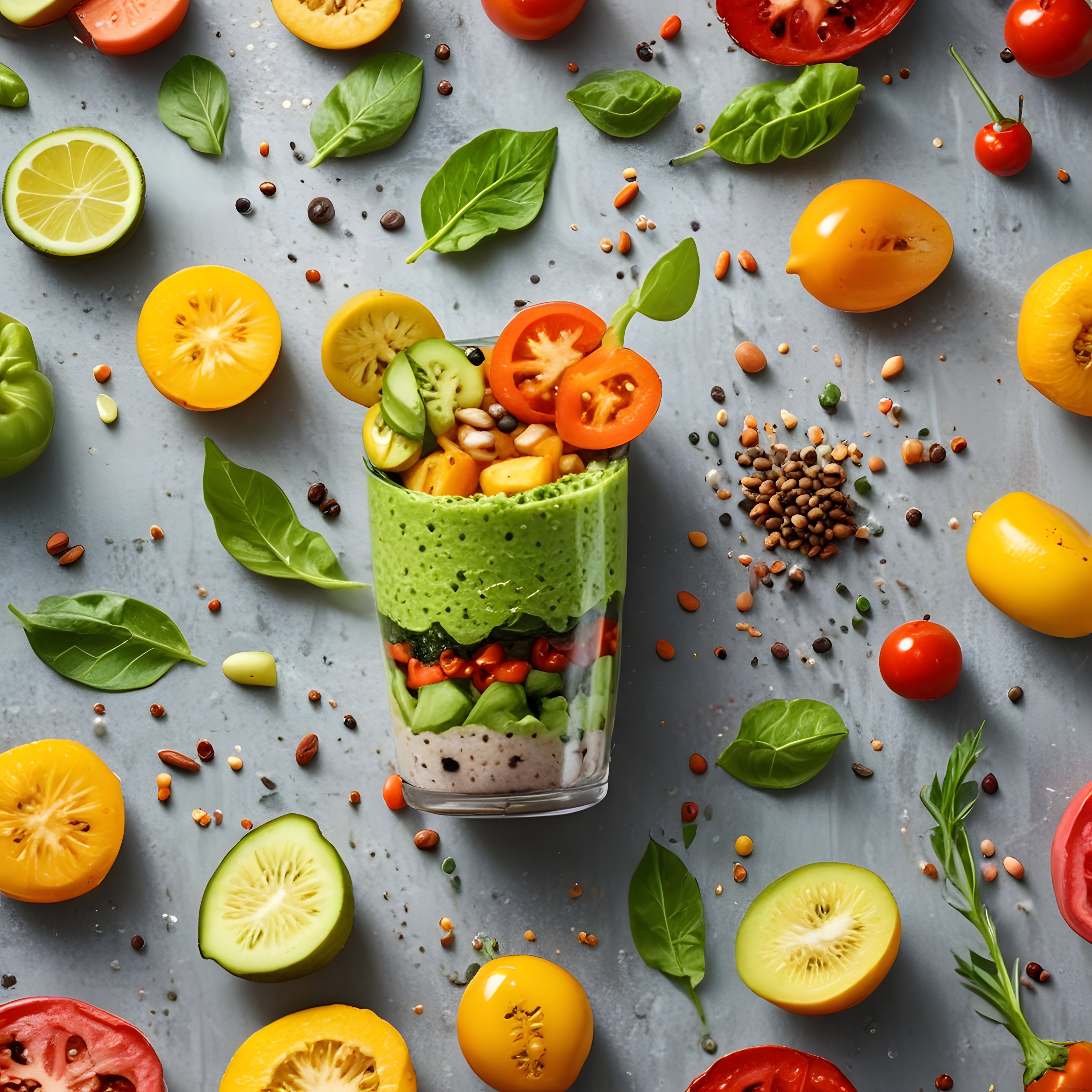 Gri Zeminde Kavanozda Sunulan Katmanlı Vegan Salata ve Taze Sebzeler