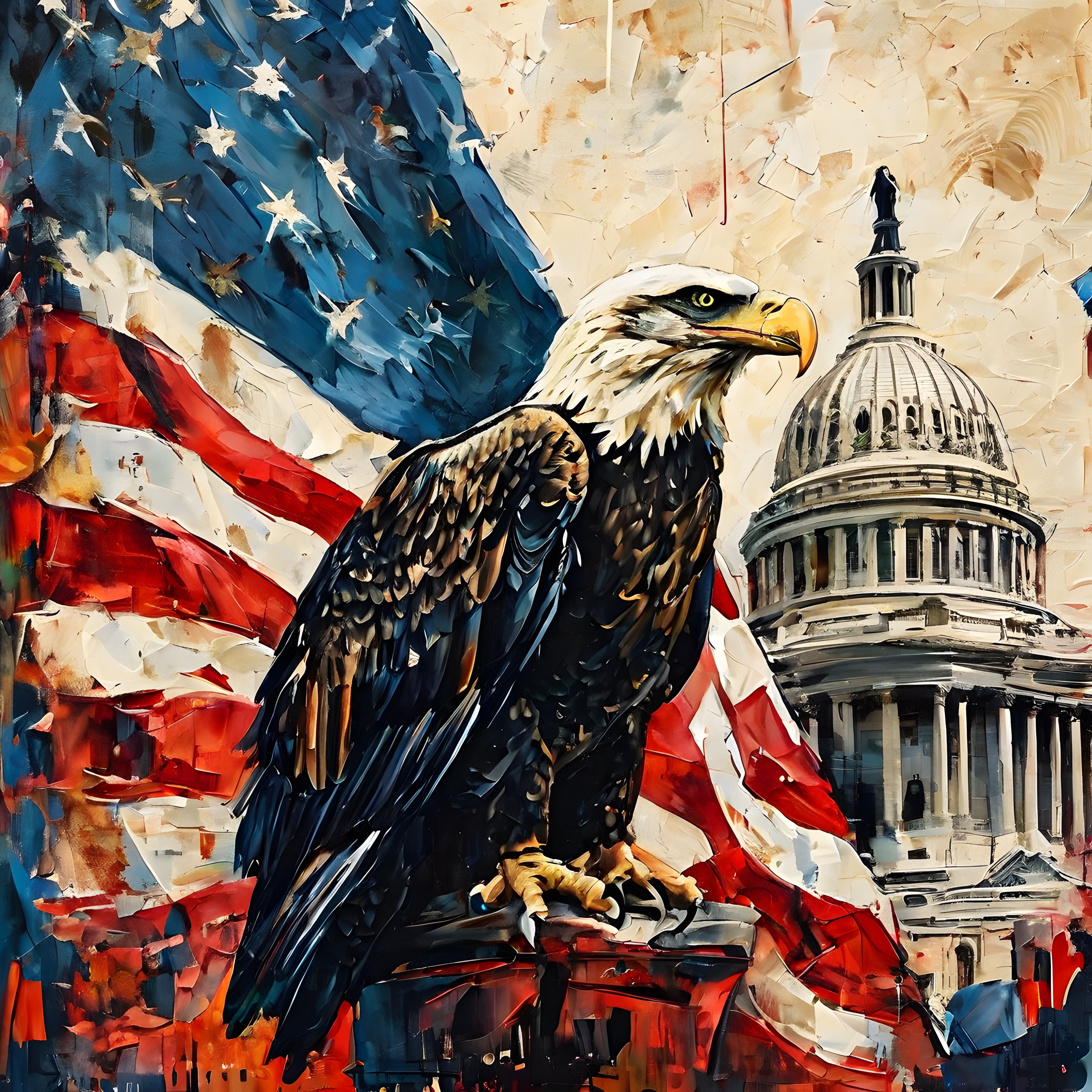 güçlü amerikan kel kartalı capitol binası ve bayrakla yağlı boya sanat kompozisyonu