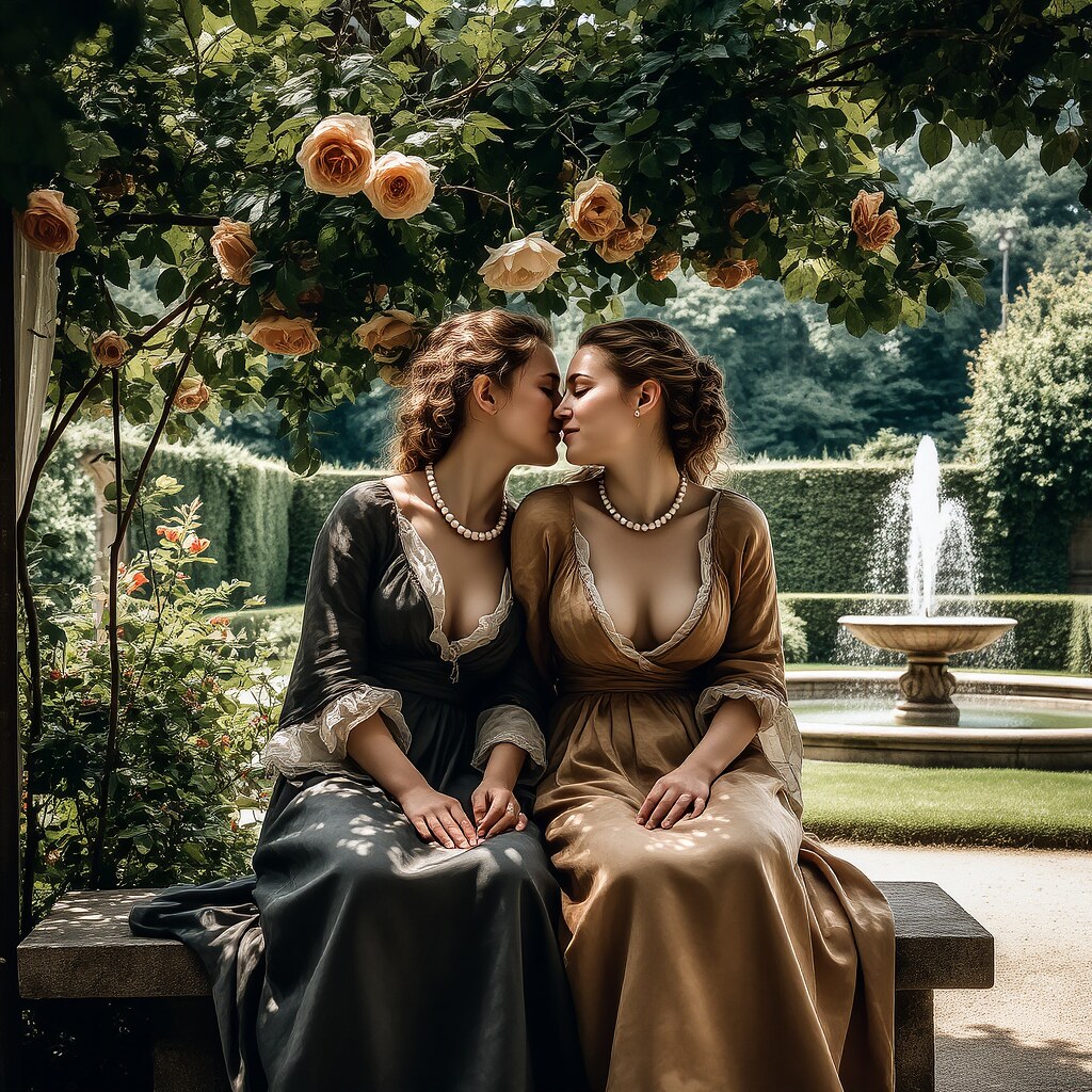 Gül Bahçesinde Romantik An: Tarihi Elbiseli İki Kadın, İnci Kolye ve Fıskiye