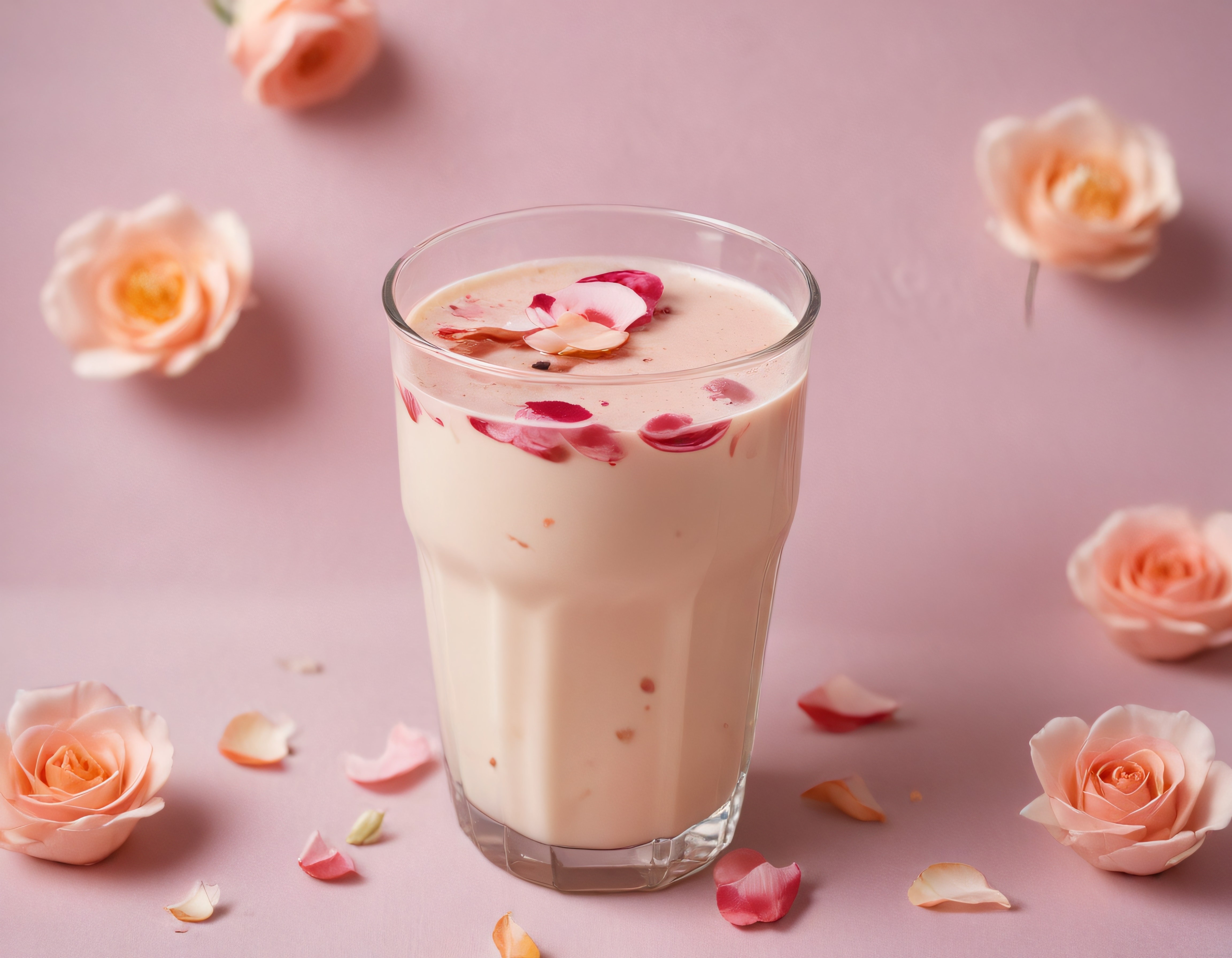 Gül Yapraklarıyla Süslenmiş Kremalı Süt İçeceği ve Romantik Sunum
