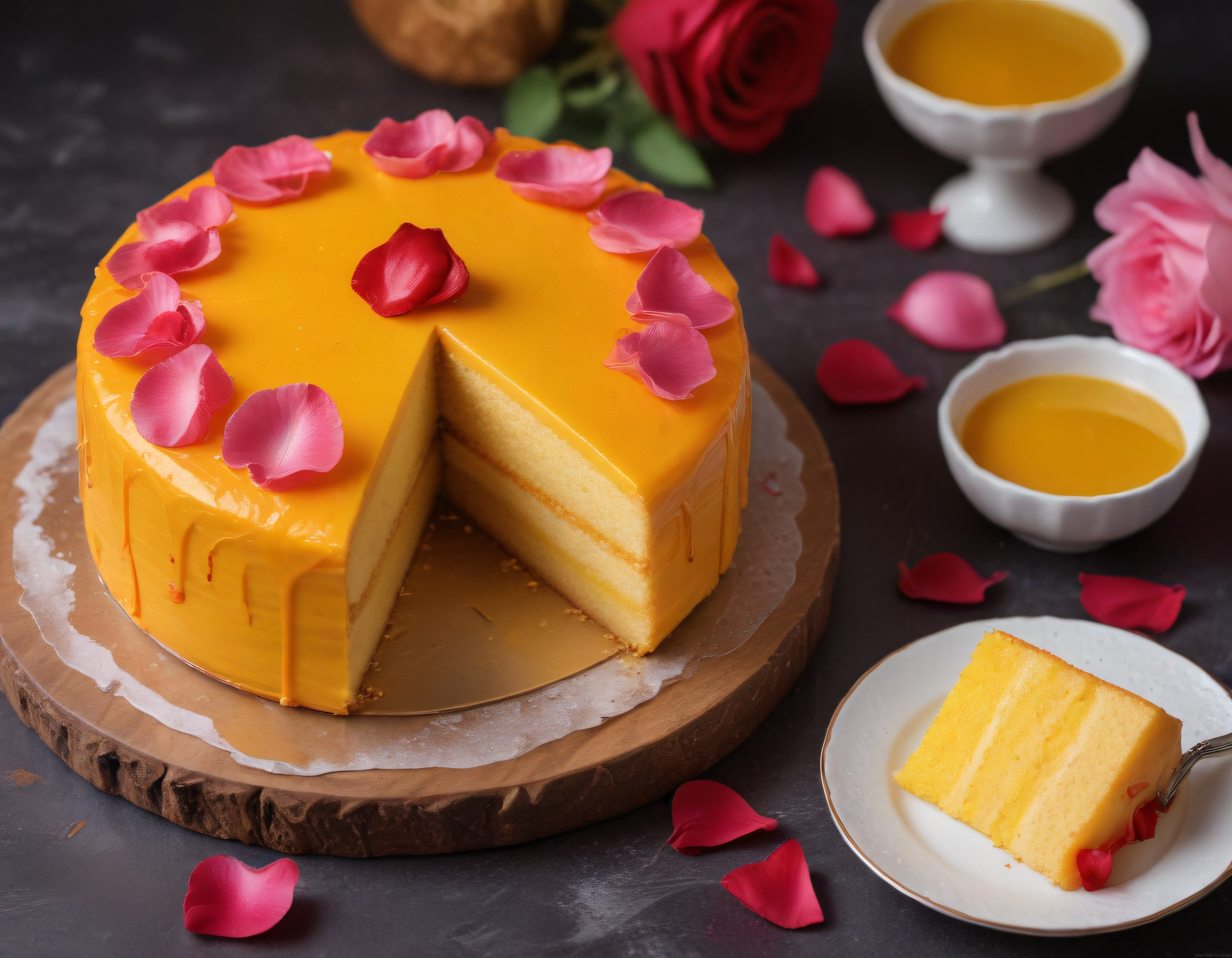 gül yapraklarıyla süslenmiş sarı glazürlü katlı pasta ve dilimi