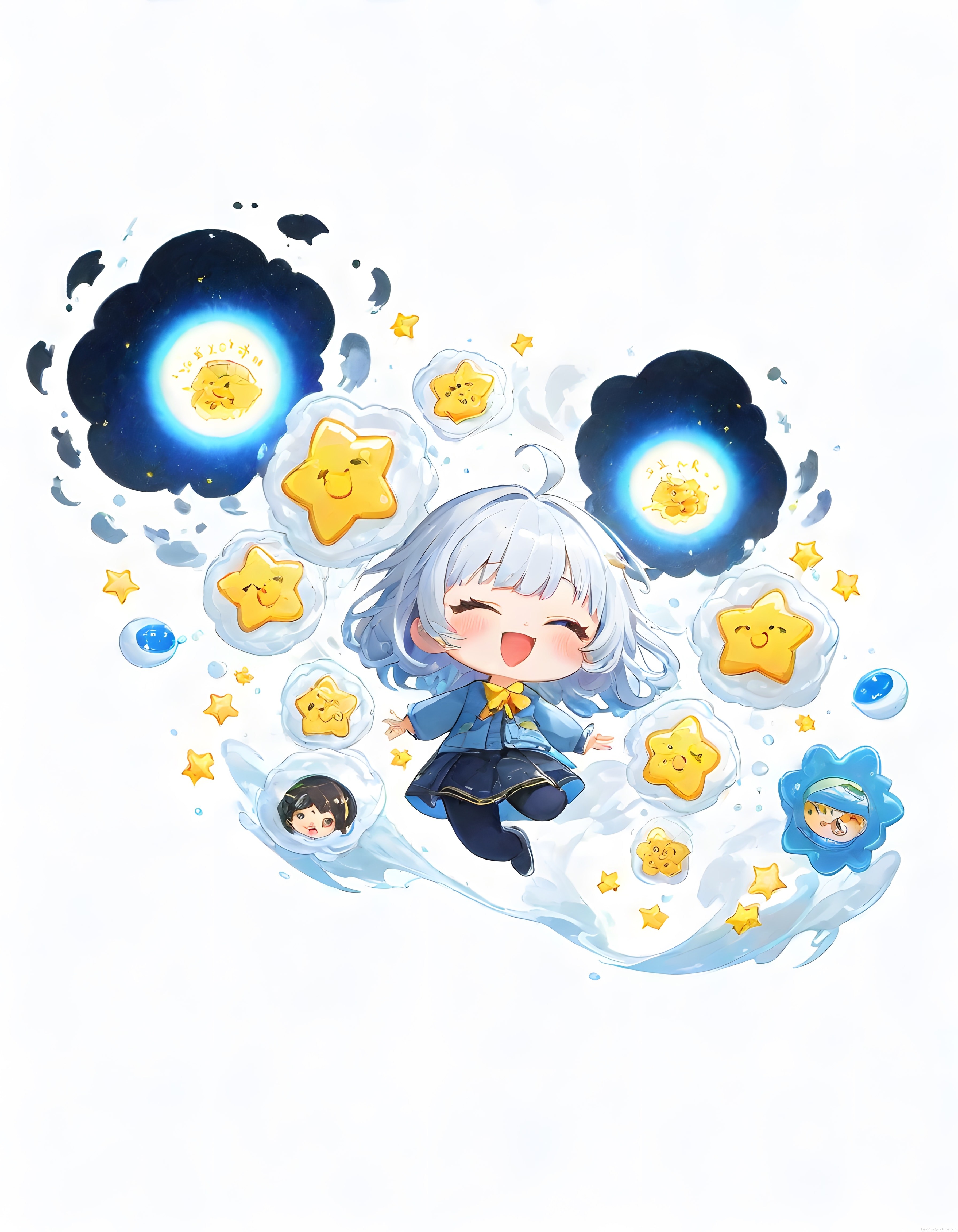 Gülen Chibi Anime Kızı ve Sihirli Yıldızların Masalsı Dünyası