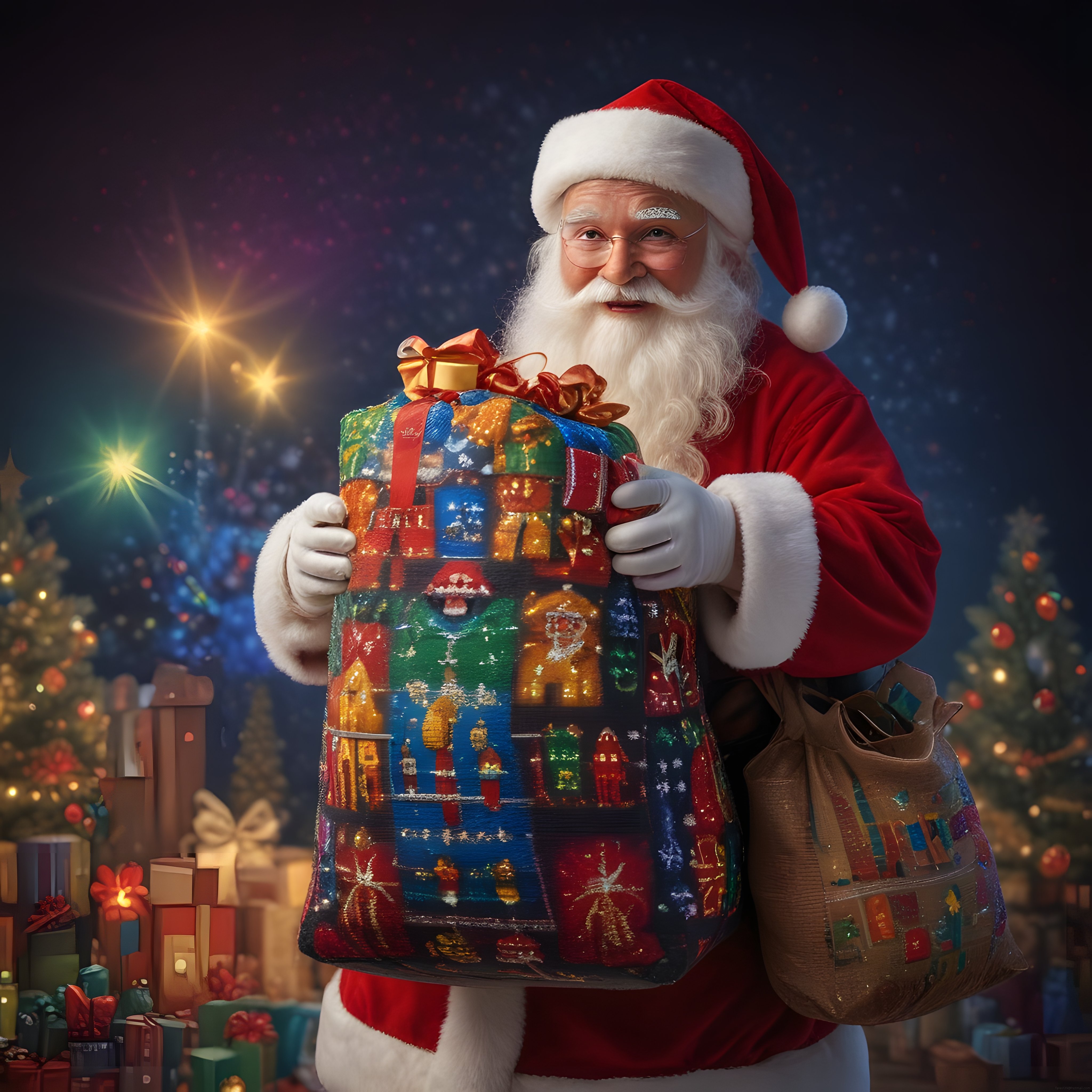 güleryüzlü noel baba ışıltılı arka planda rengarenk dev hediye paketi tutuyor