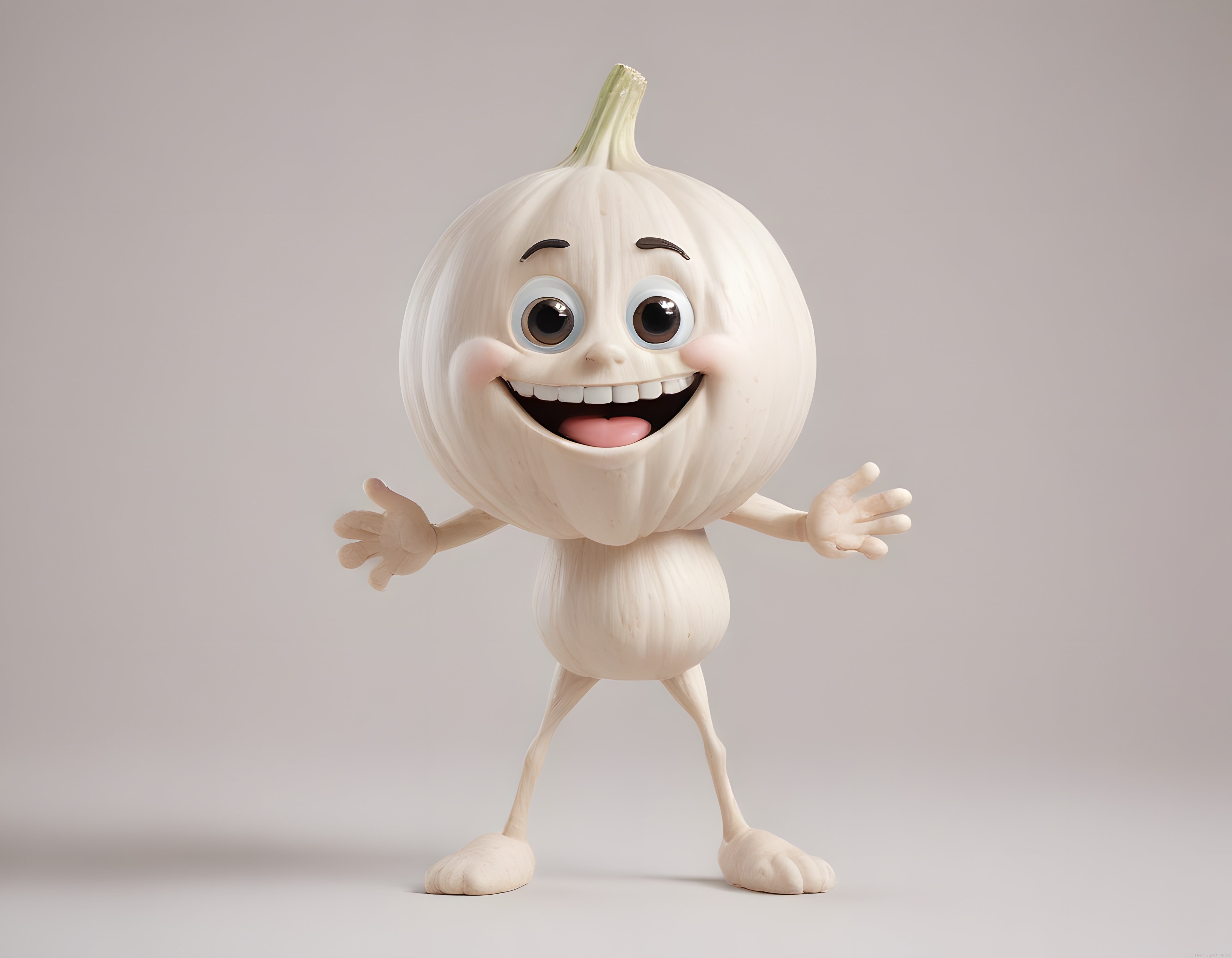 Gülümseyen 3D Sarımsak Karakteri: Sevimli Animasyon Maskot Tasarımı