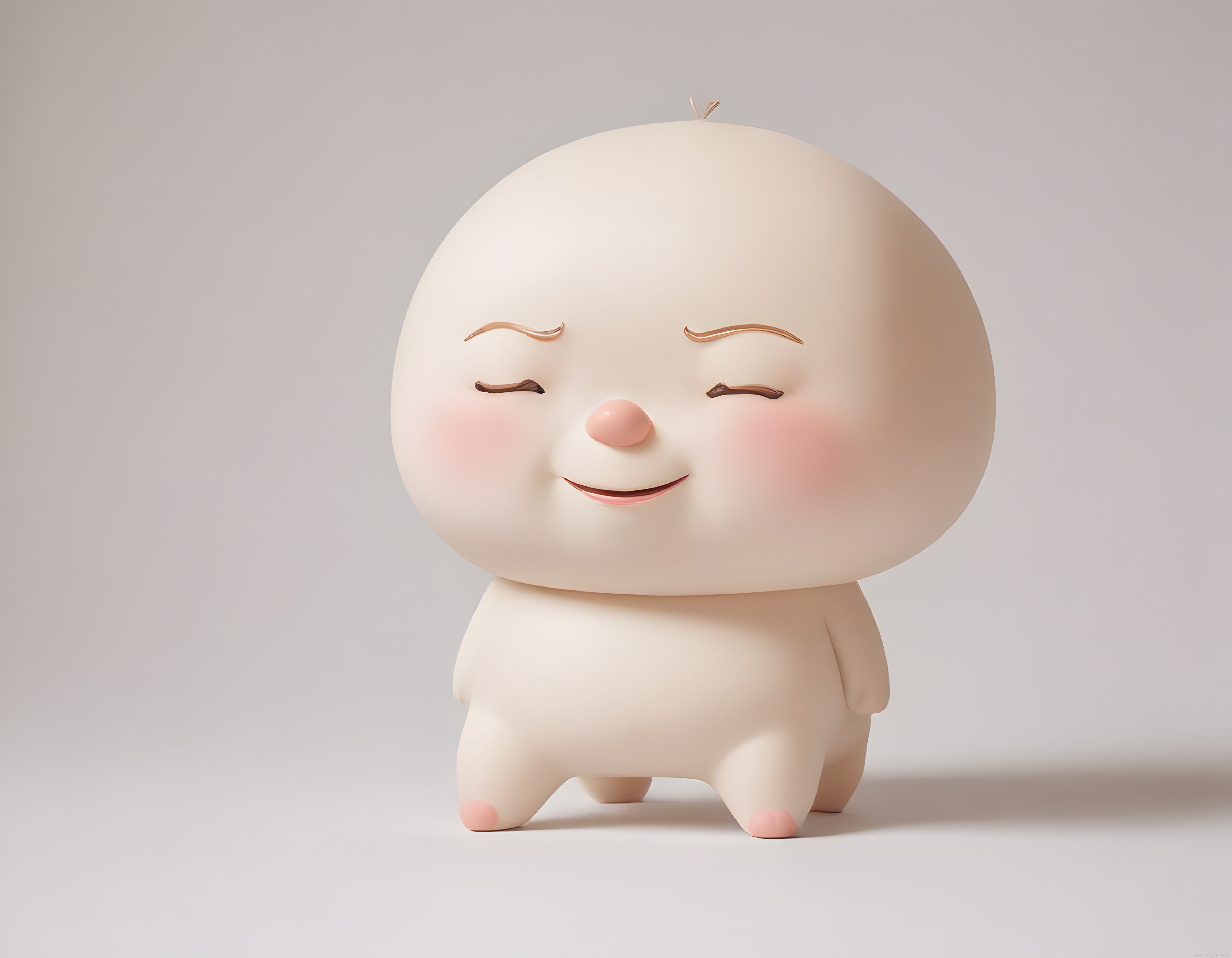 Gülümseyen Bej Renkli Minimalist 3D Kawaii Figür ve Porselen Efekti