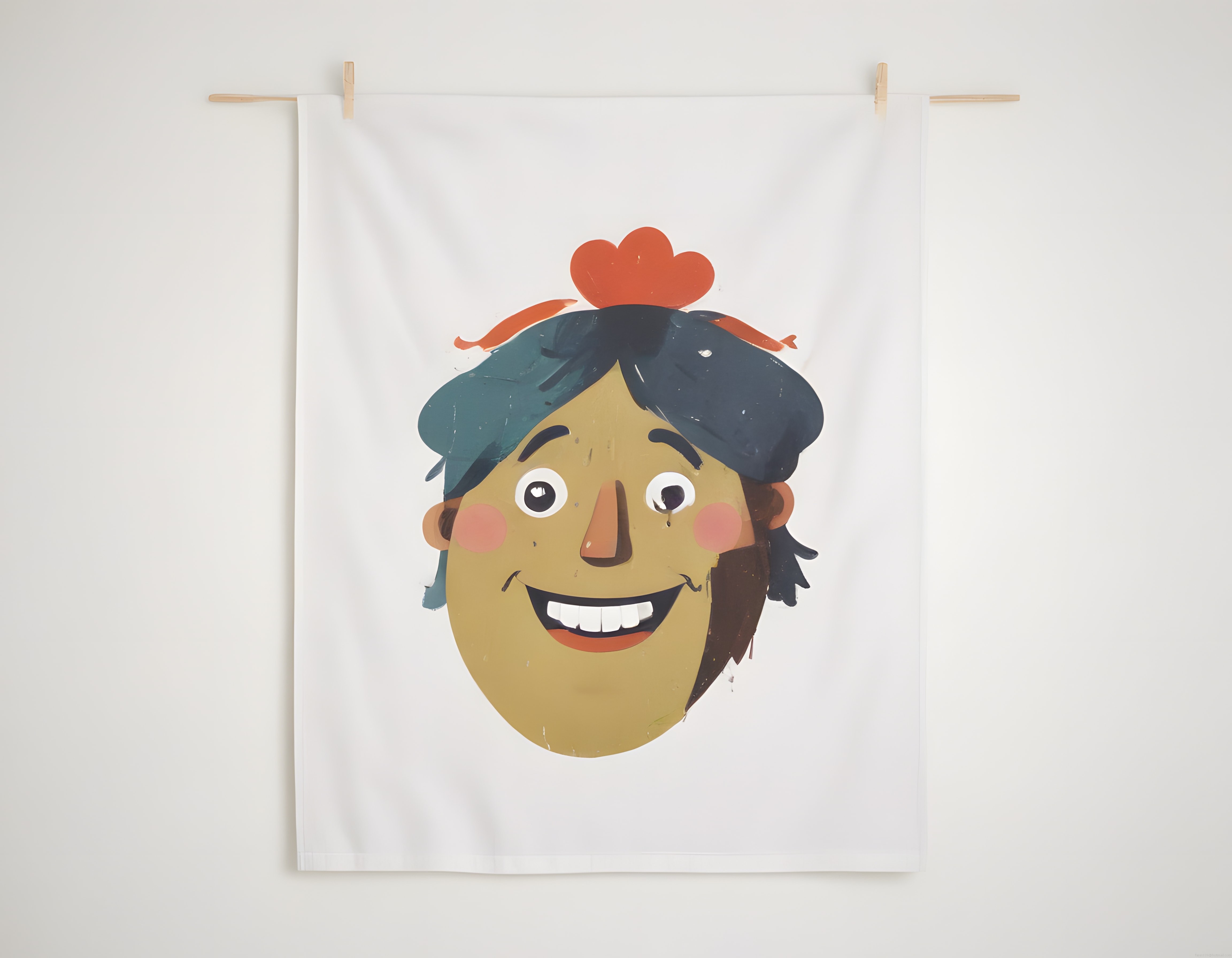 Gülümseyen Çizgi Karakter Poster: Beyaz Kumaşta Renkli Illustrasyon