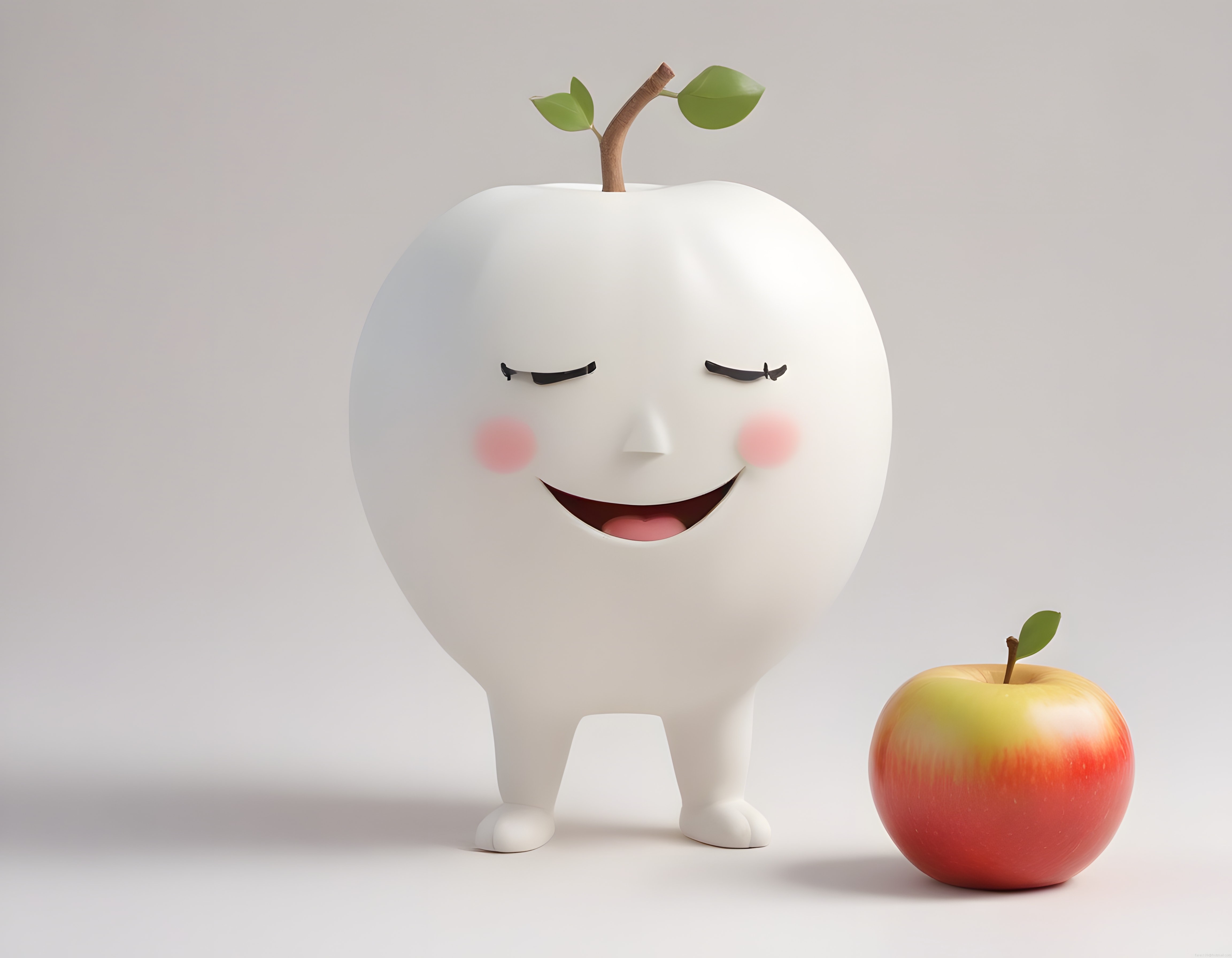 Gülümseyen Dev Beyaz Elma Karakteri ve Gerçek Elma ile Minimal 3D Sanat