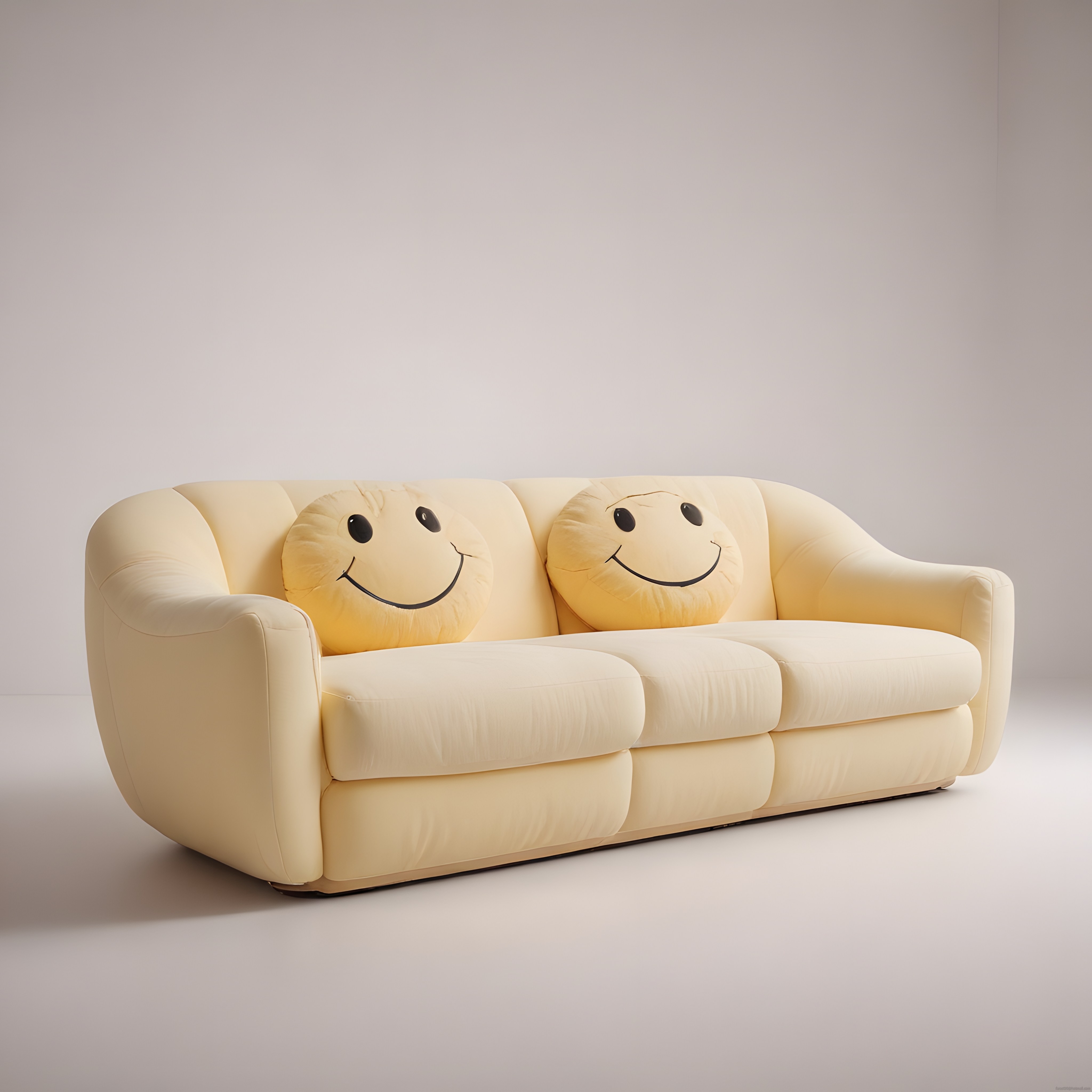 Gülümseyen Emoji Yastıklı Krem Rengi Peluş Kanepe ile Neşeli Ev Dekorasyonu Fikri