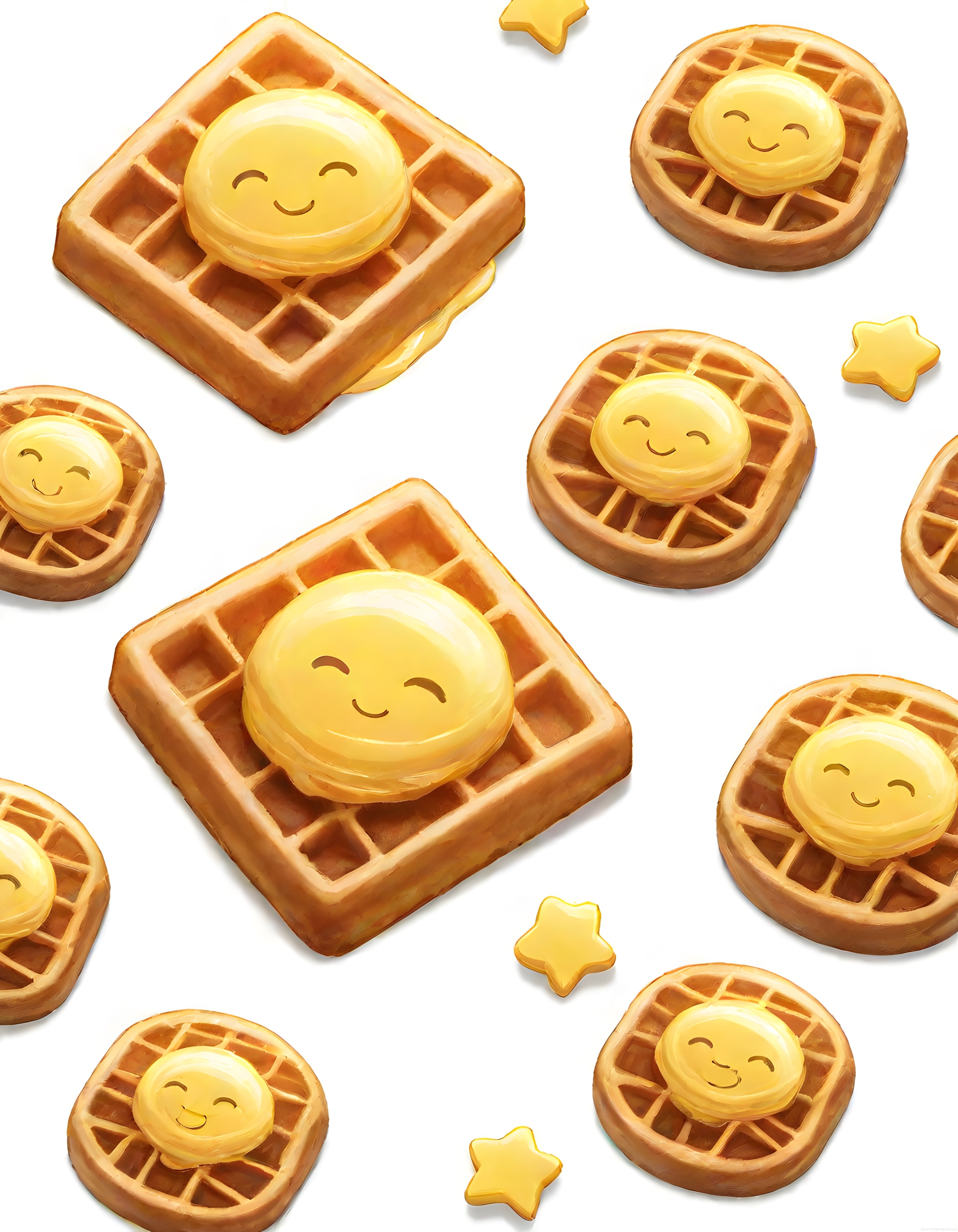 Gülümseyen güneşler ve sevimli waffle ile neşeli dijital kahvaltı deseni