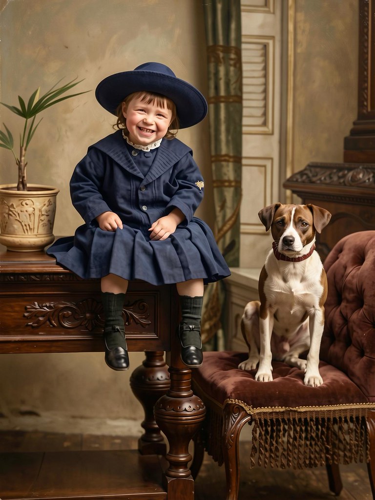 Gülümseyen küçük kızın antika masada köpeğiyle birlikte çekilen vintage portresi