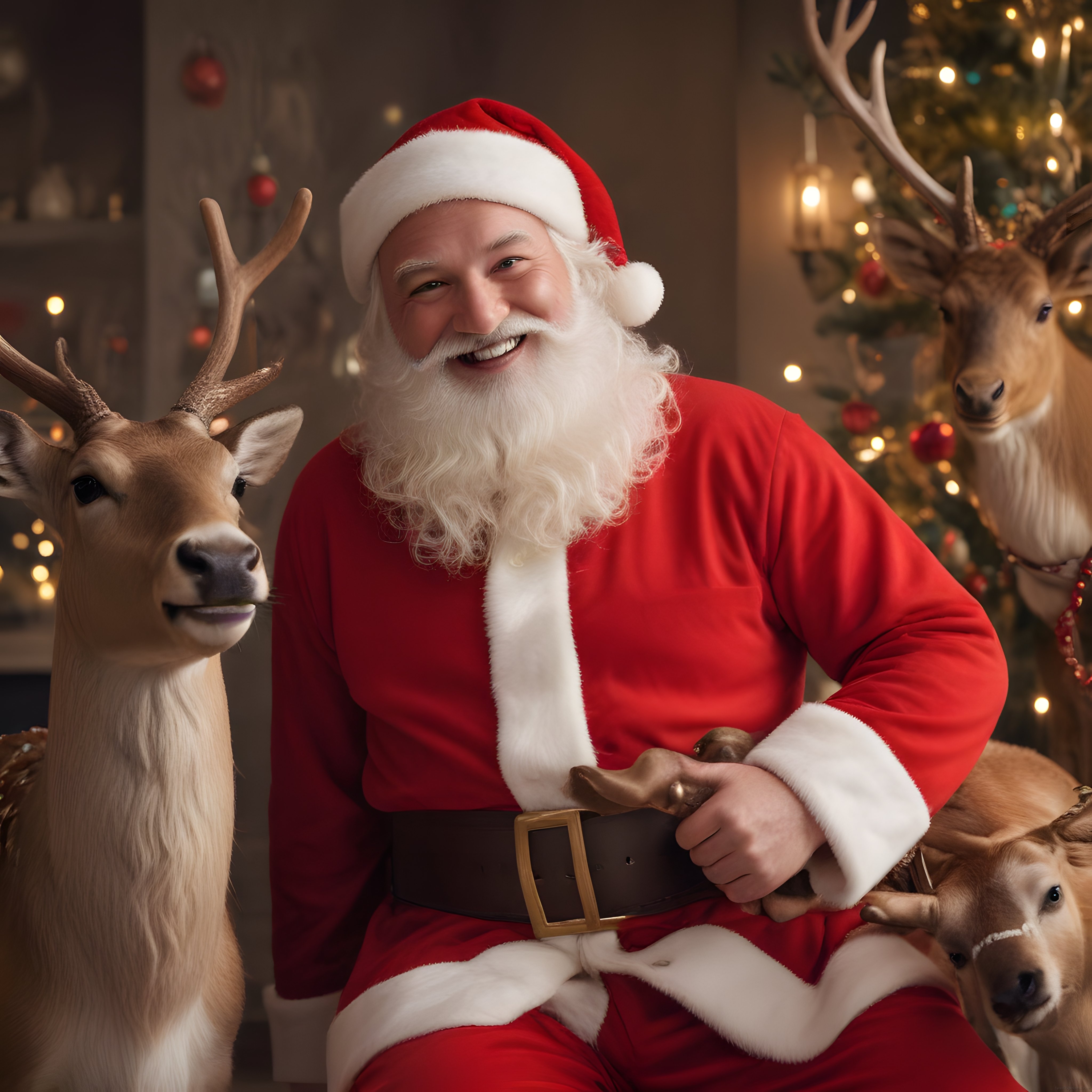 Gülümseyen Noel Baba ve Geyik Arkadaşlarıyla Sıcak Yılbaşı Portresi