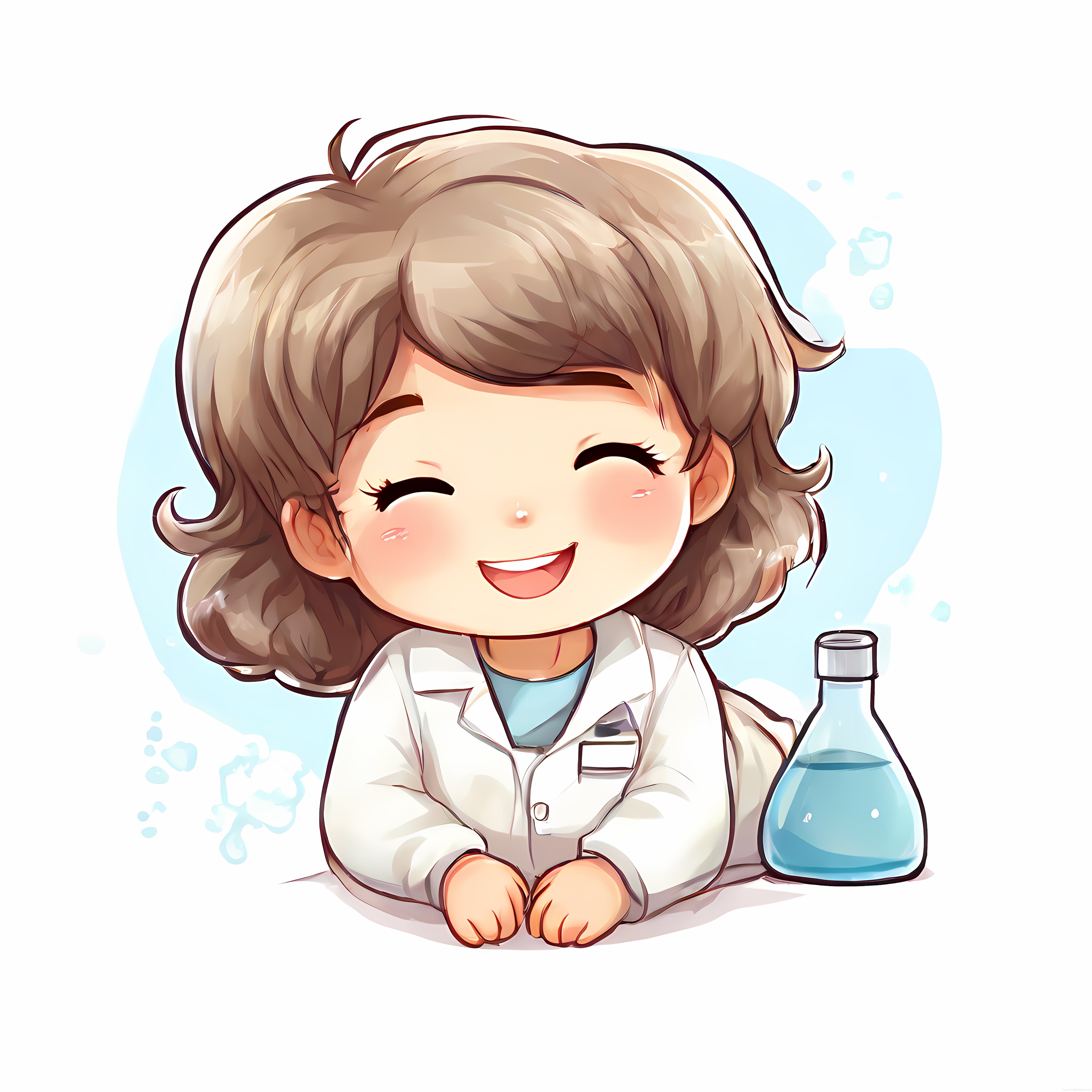 Gülümseyen sevimli chibi bilim insanı karakteri ve mavi laboratuvar şişesi