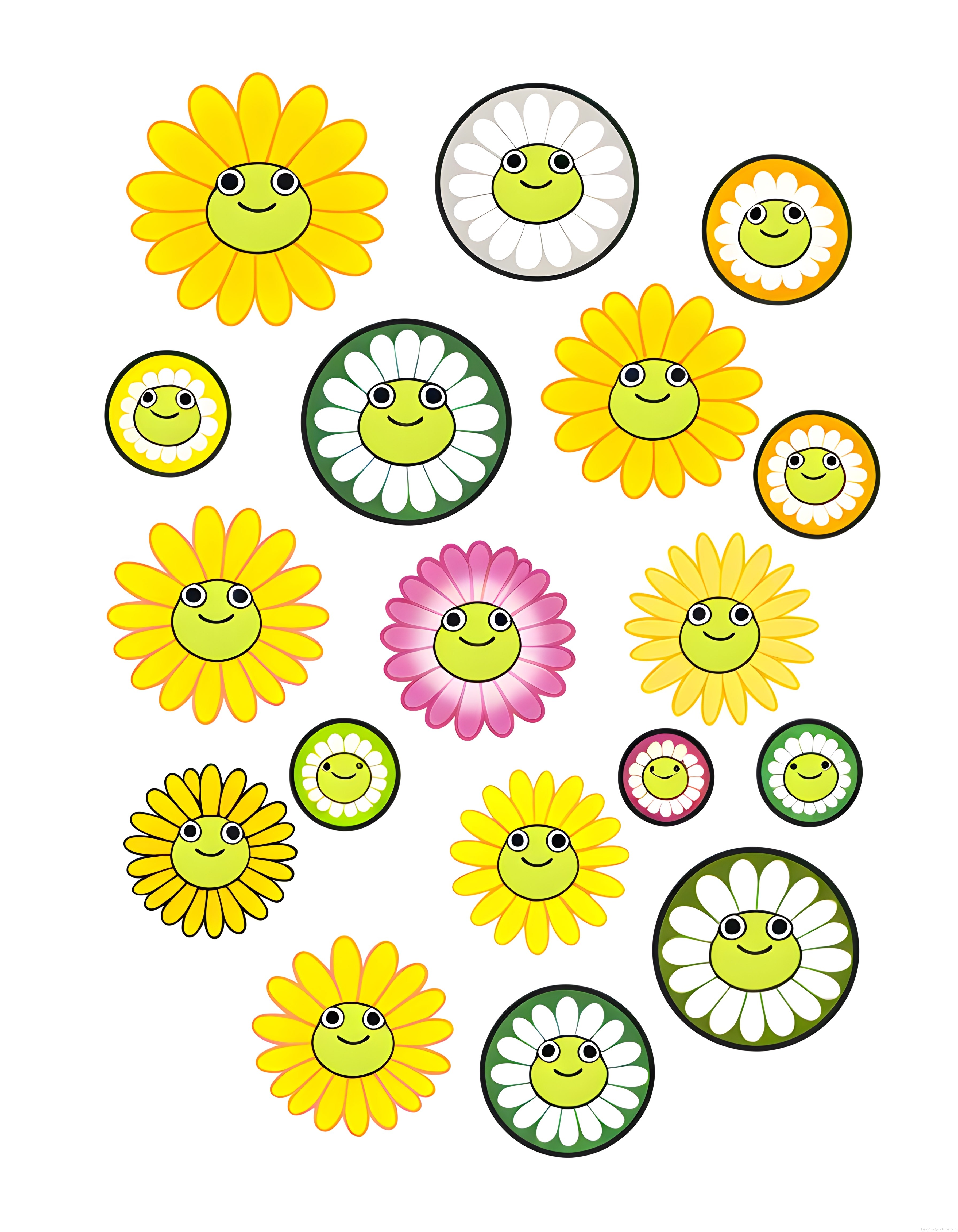Gülümseyen sevimli papatya çiçekleri ve neşeli karakter sticker koleksiyonu