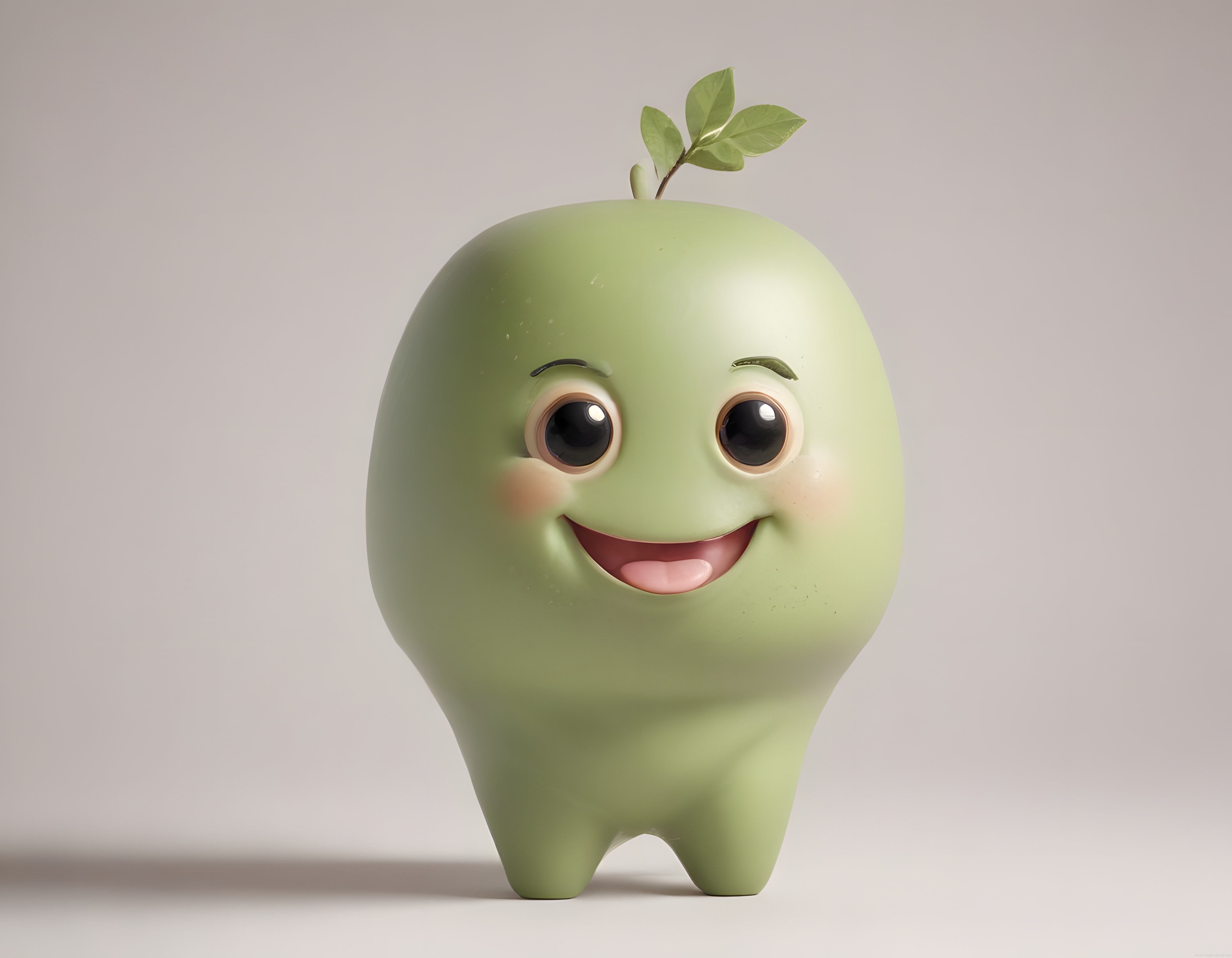 Gülümseyen Sevimli Yeşil 3D Elma Adamı ve Üzerindeki Minik Yapraklar