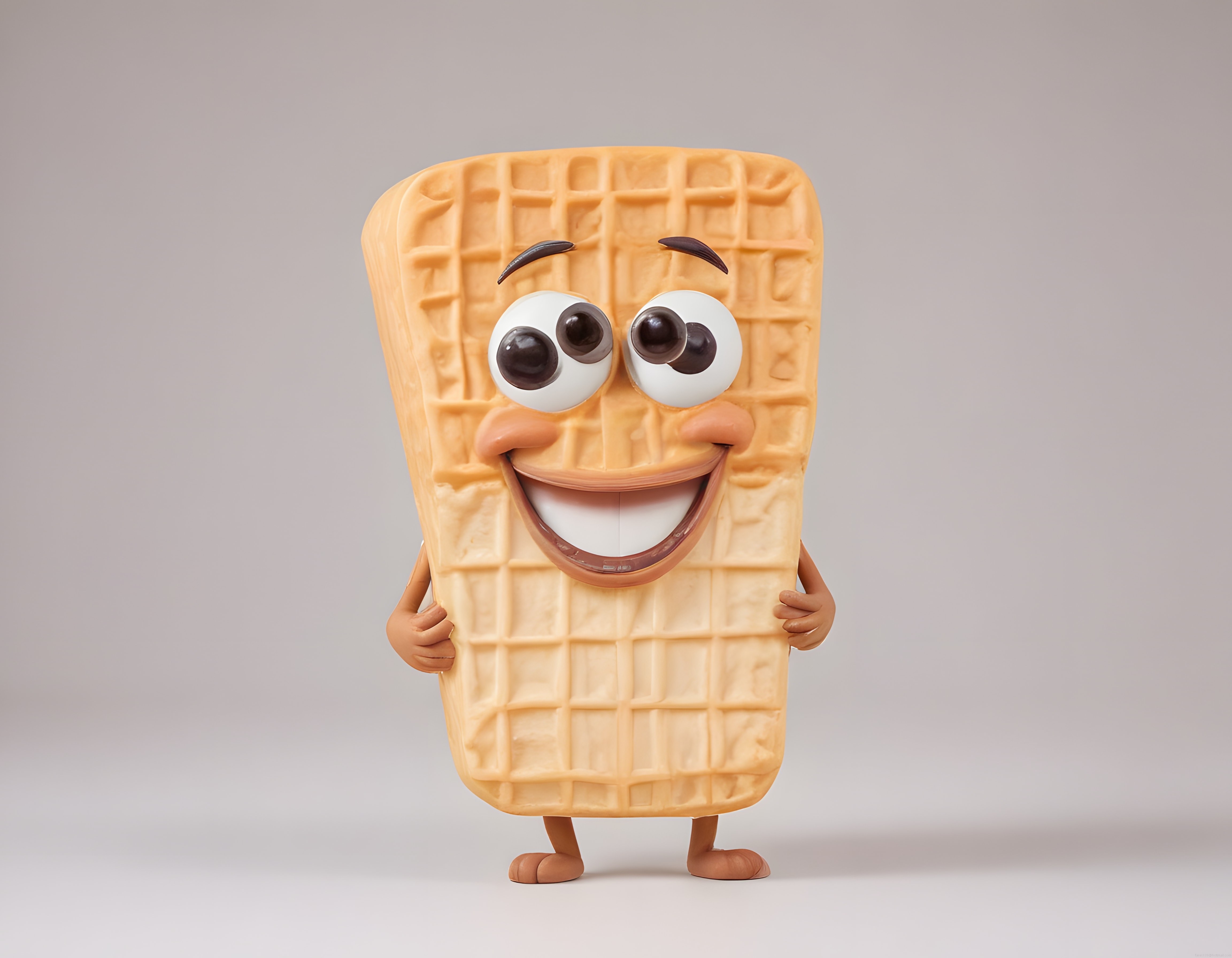 Gülümseyen Waffle Maskotu: Gözleri Fırlak 3D Karakter Tasarımı