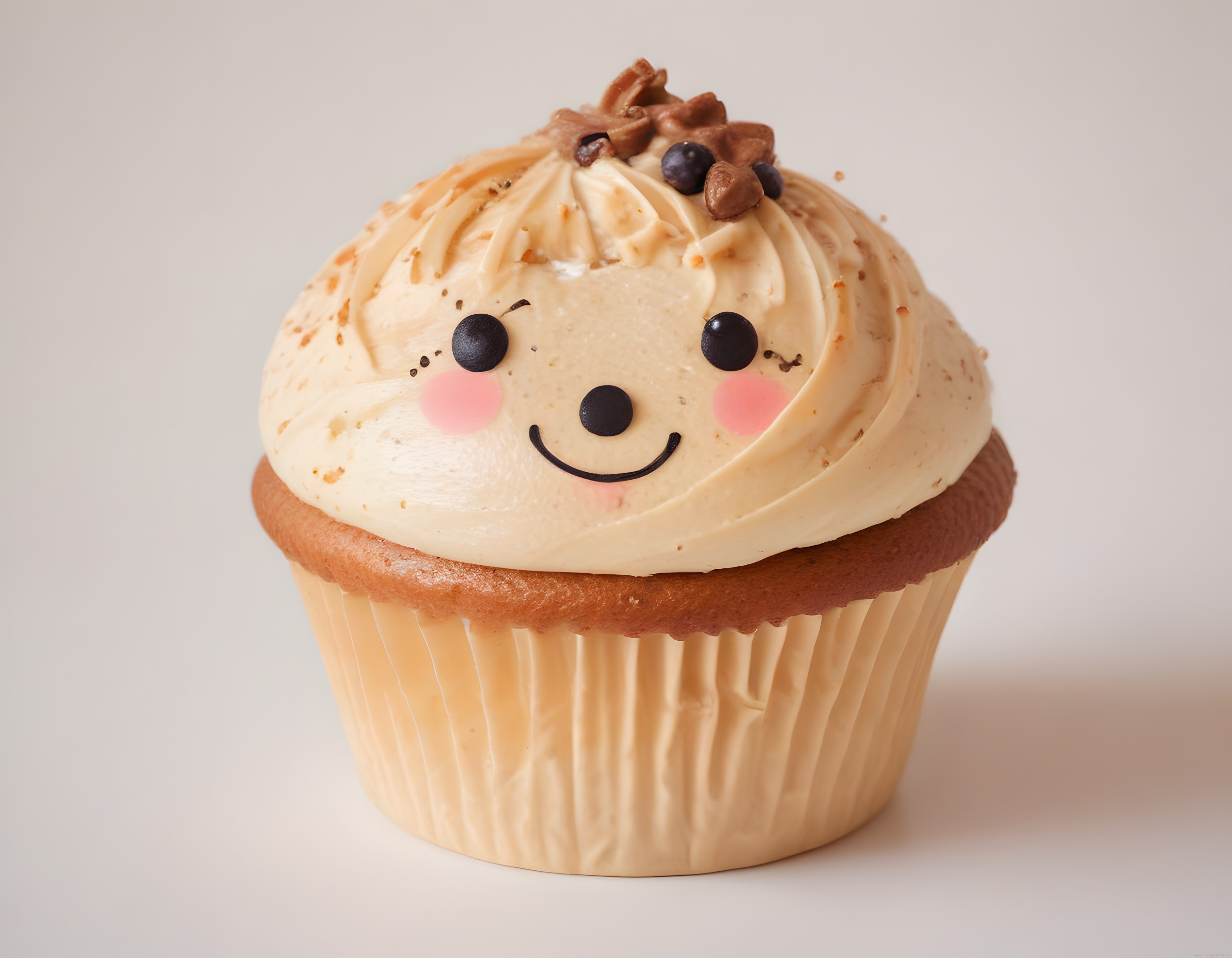 Gülümseyen yüz detaylı kremalı cupcake tatlısı ve çikolata süslemeleri