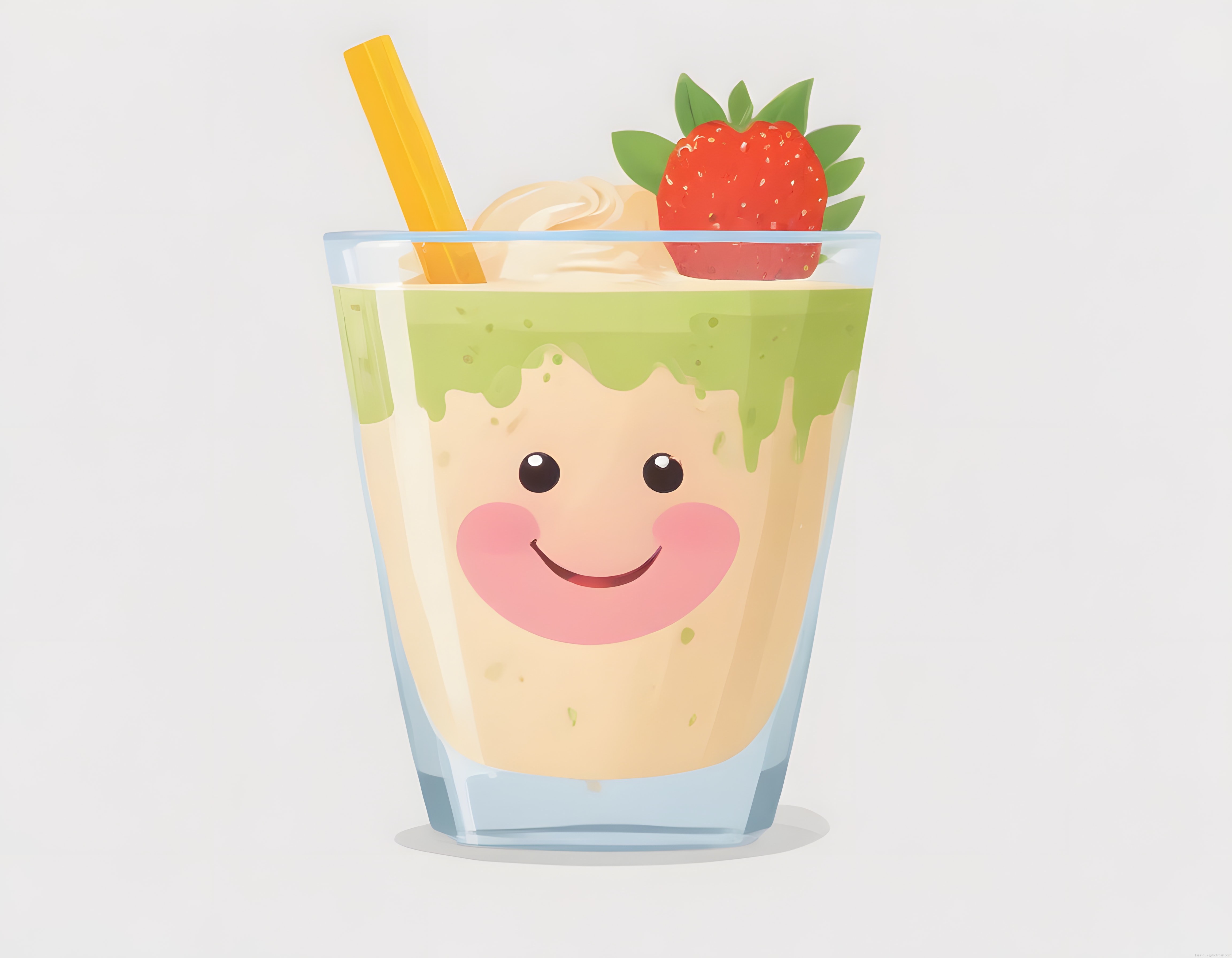 Gülümseyen Yüzlü Sevimli Çilekli Yeşil Smoothie Bardağı İllüstrasyonu