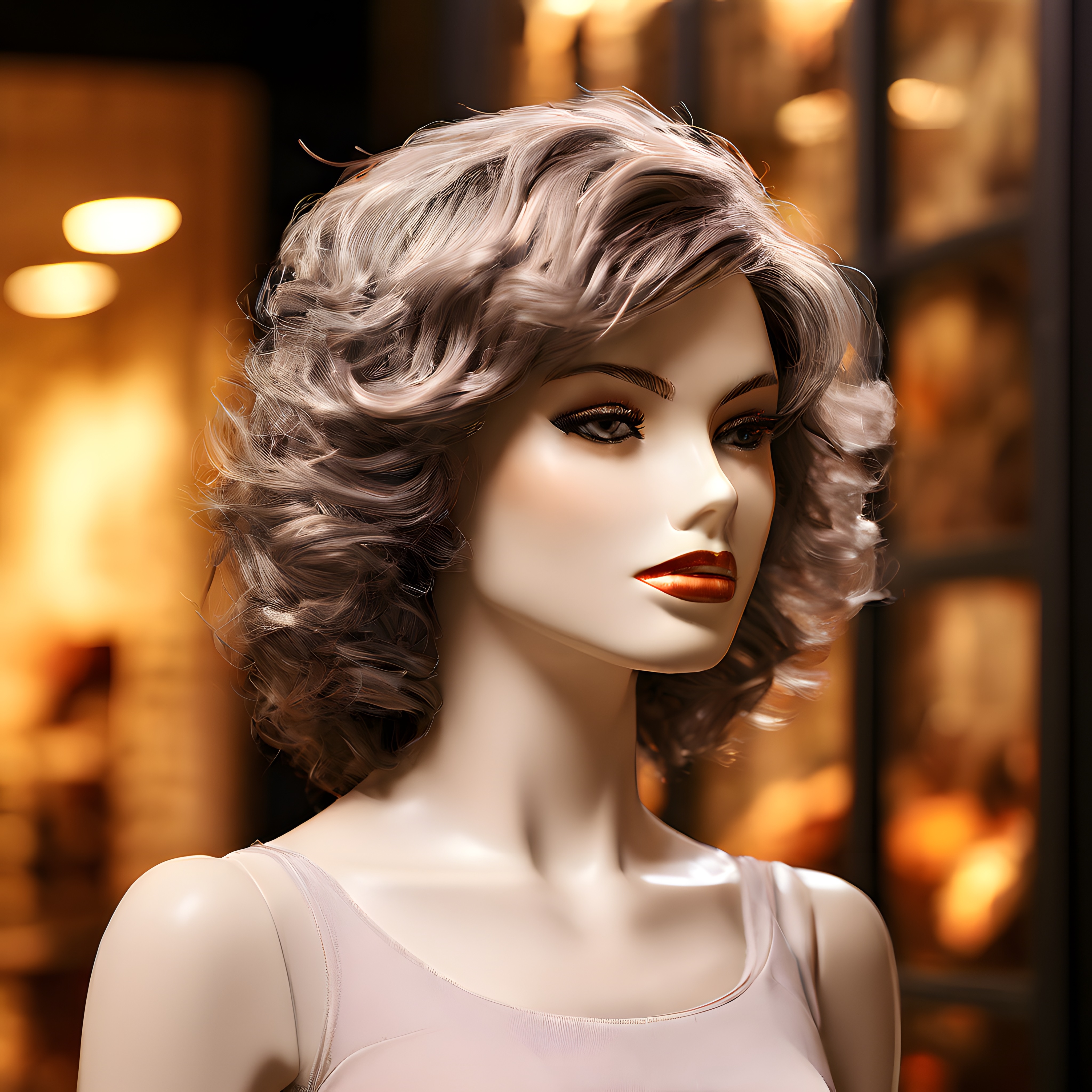 Gümüş gri dalgalı peruklu manken: modern kuaför vitrini ve moda atmosferi