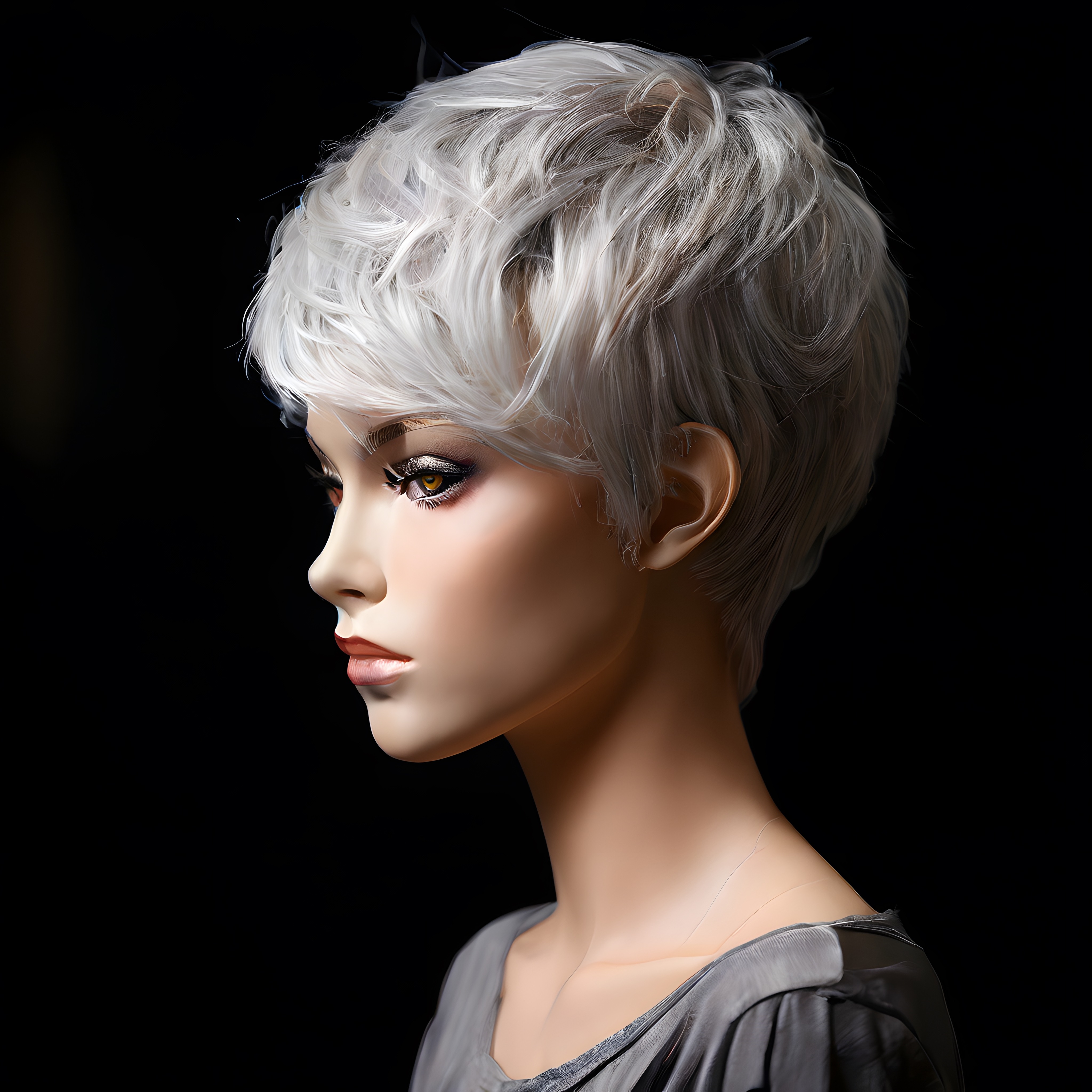 Gümüş Gri Kısa Saçlı Manken Portresi: Modern Pixie Kesim ve Şık Stil