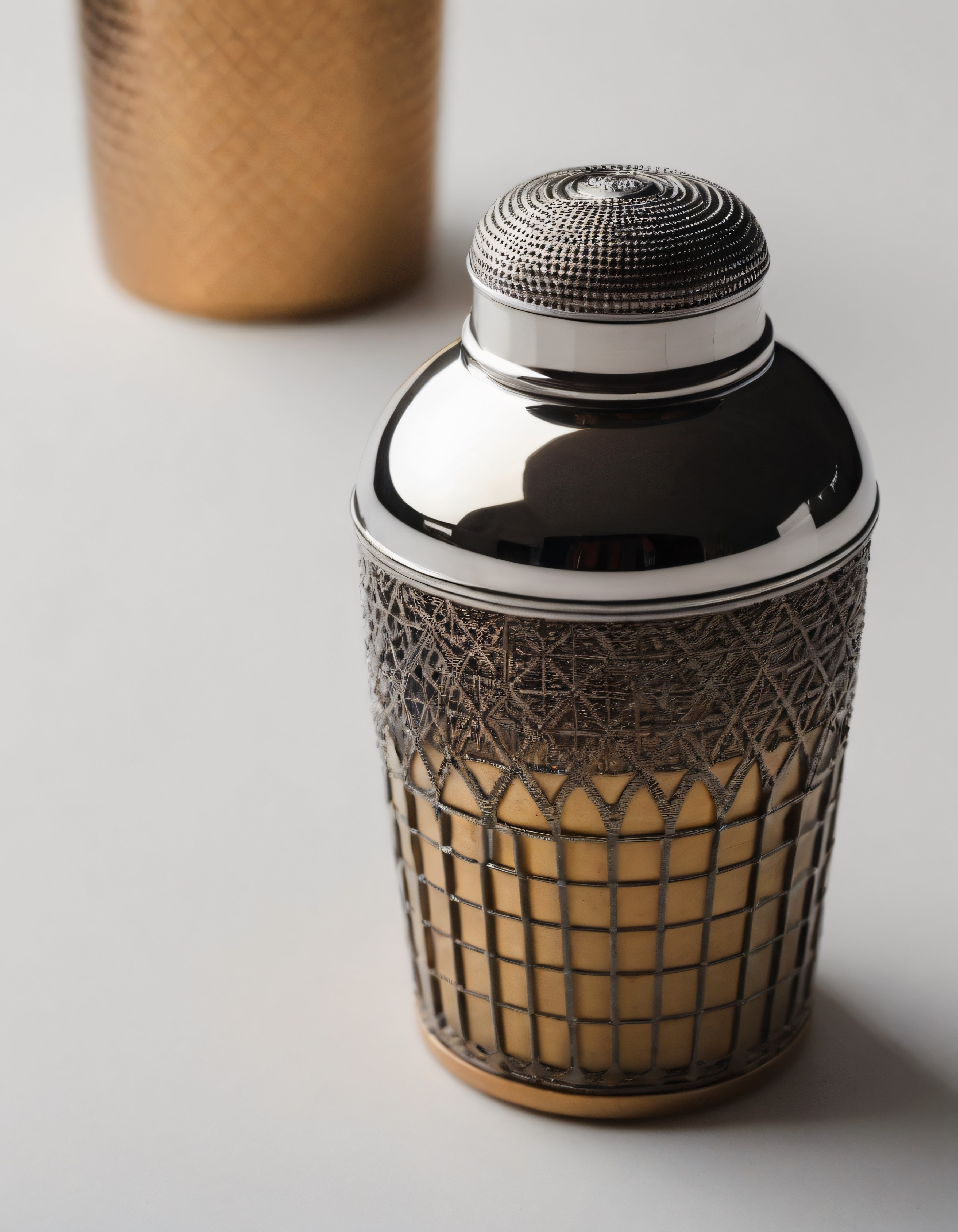 Gümüş kaplama lüks kokteyl shaker, el işleme desenleri ve parlak metal detaylar