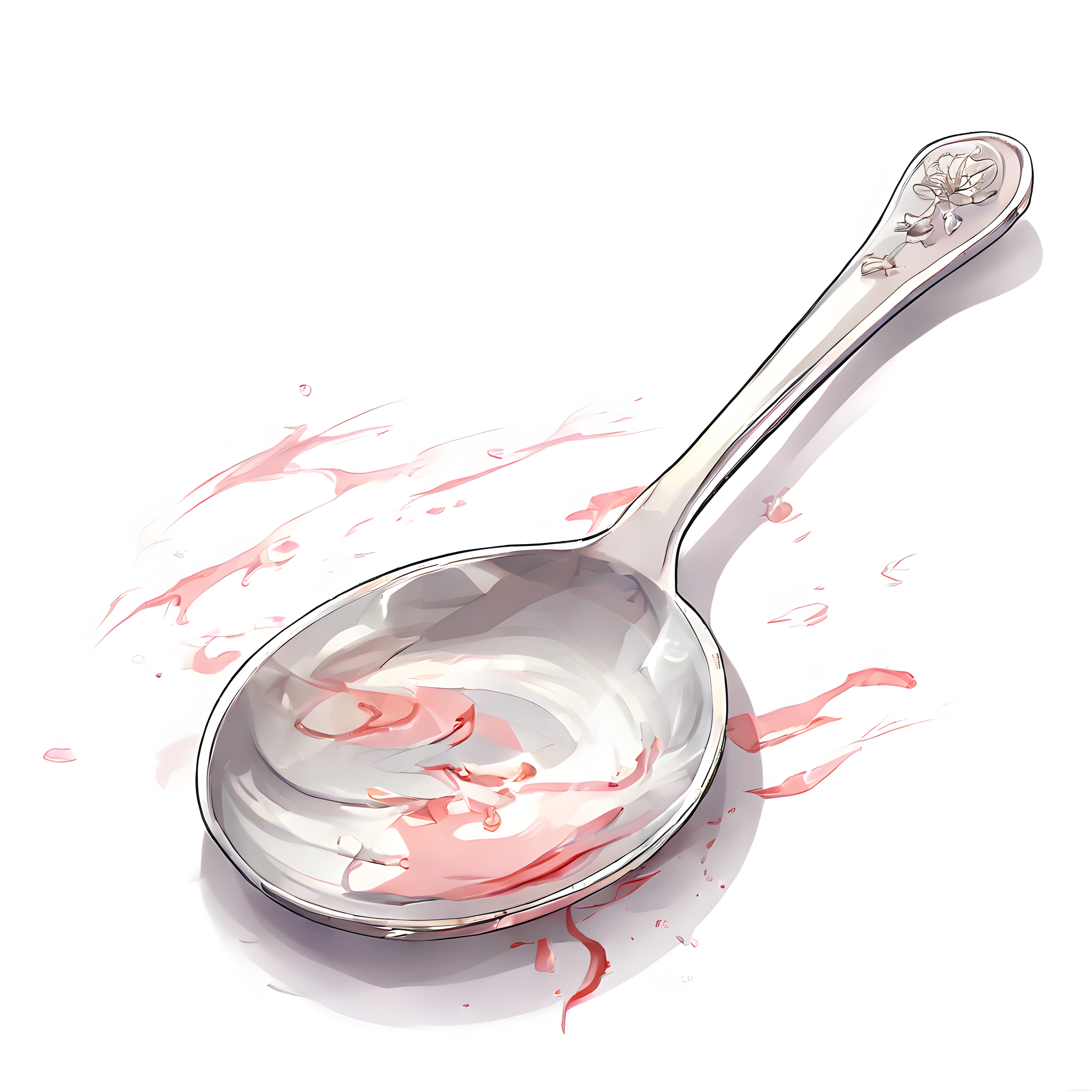 Gümüş Kaşık ve Pembe Sıçrama Efektli Anime Stili Dijital Sanat Çalışması