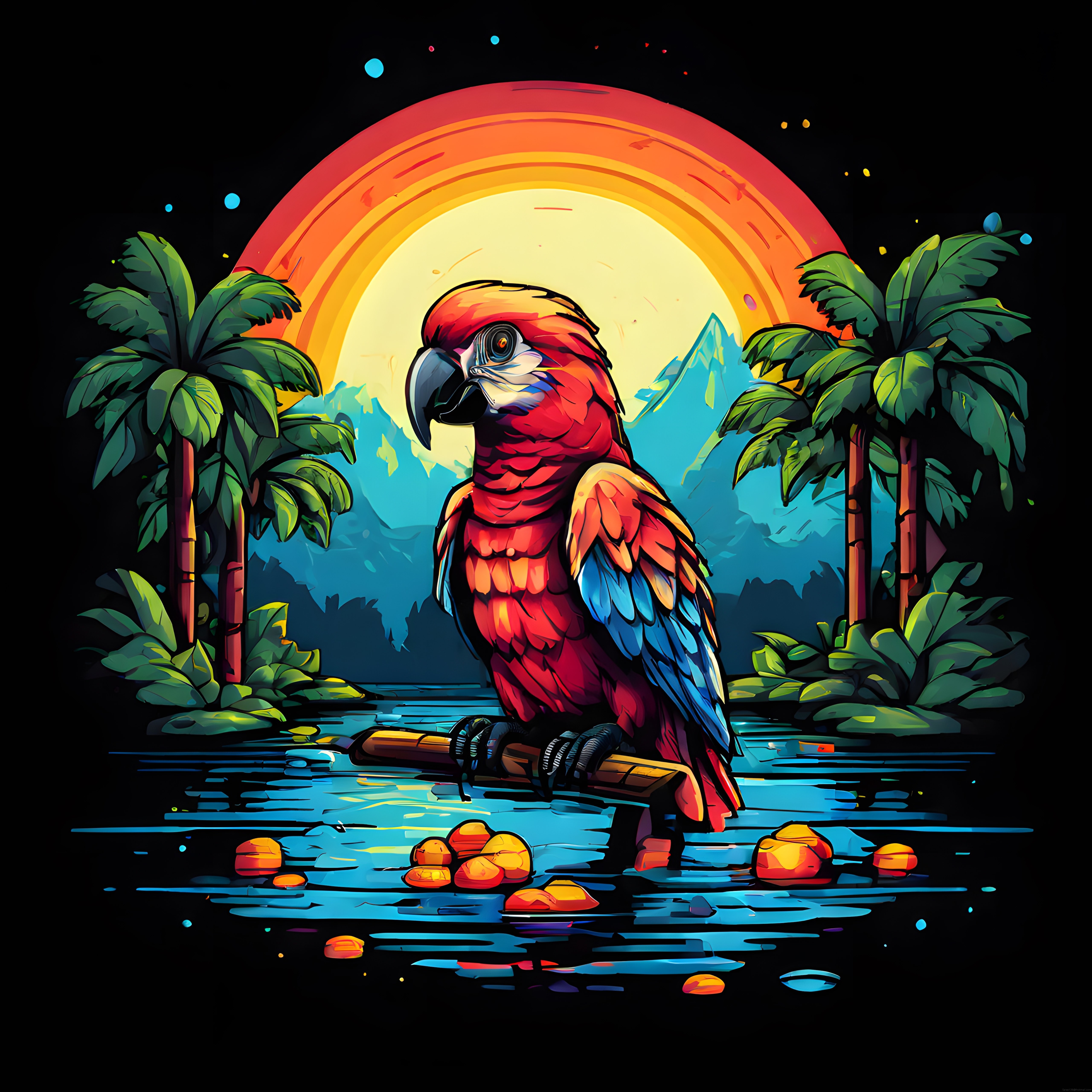 Gün Batımı Arkaplanında Tropikal Ormanda Renkli Macaw Papağan Tasviri