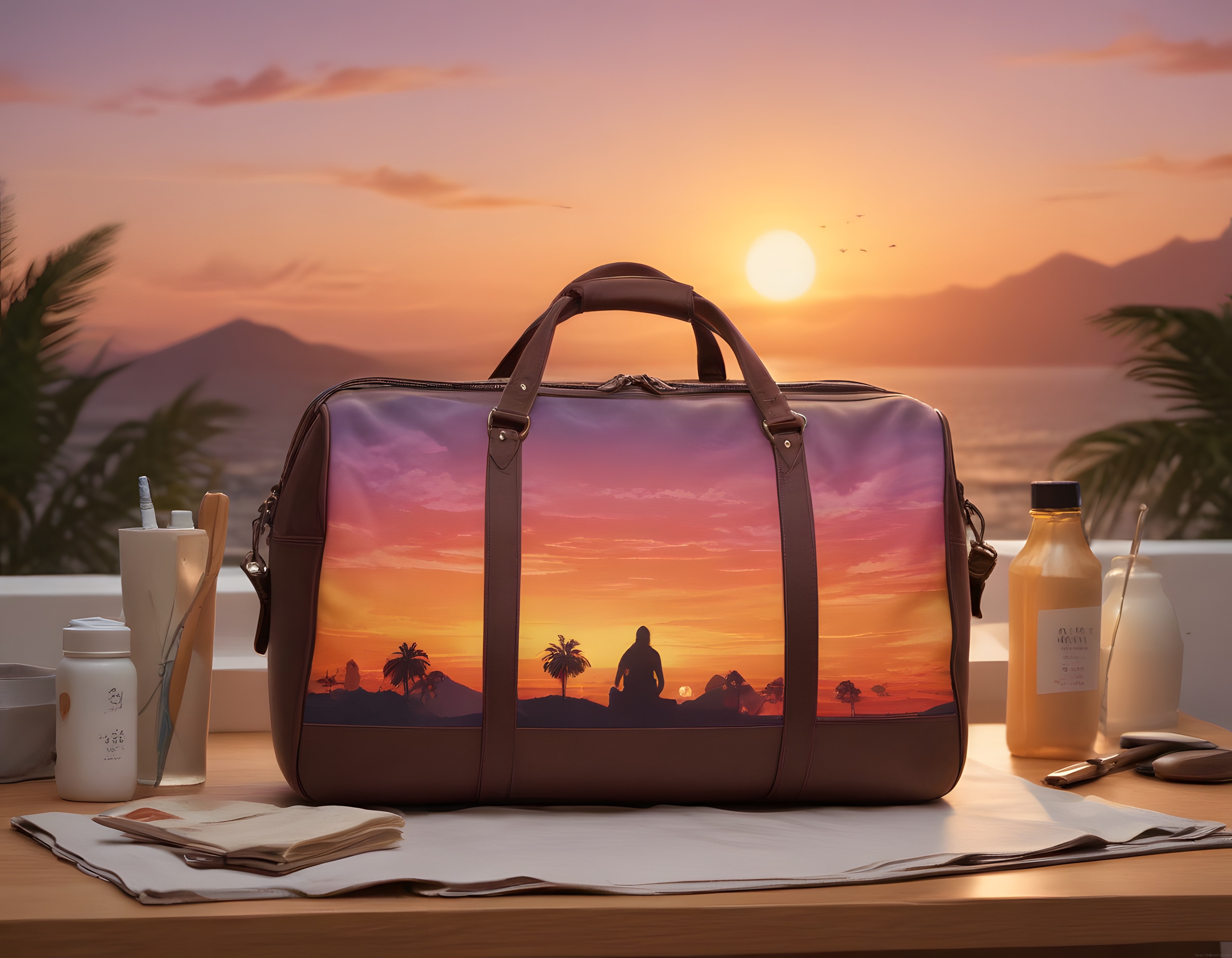 Gün Batımı Desenli Seyahat Çantası ve Tropikal Tatil Hazırlığı