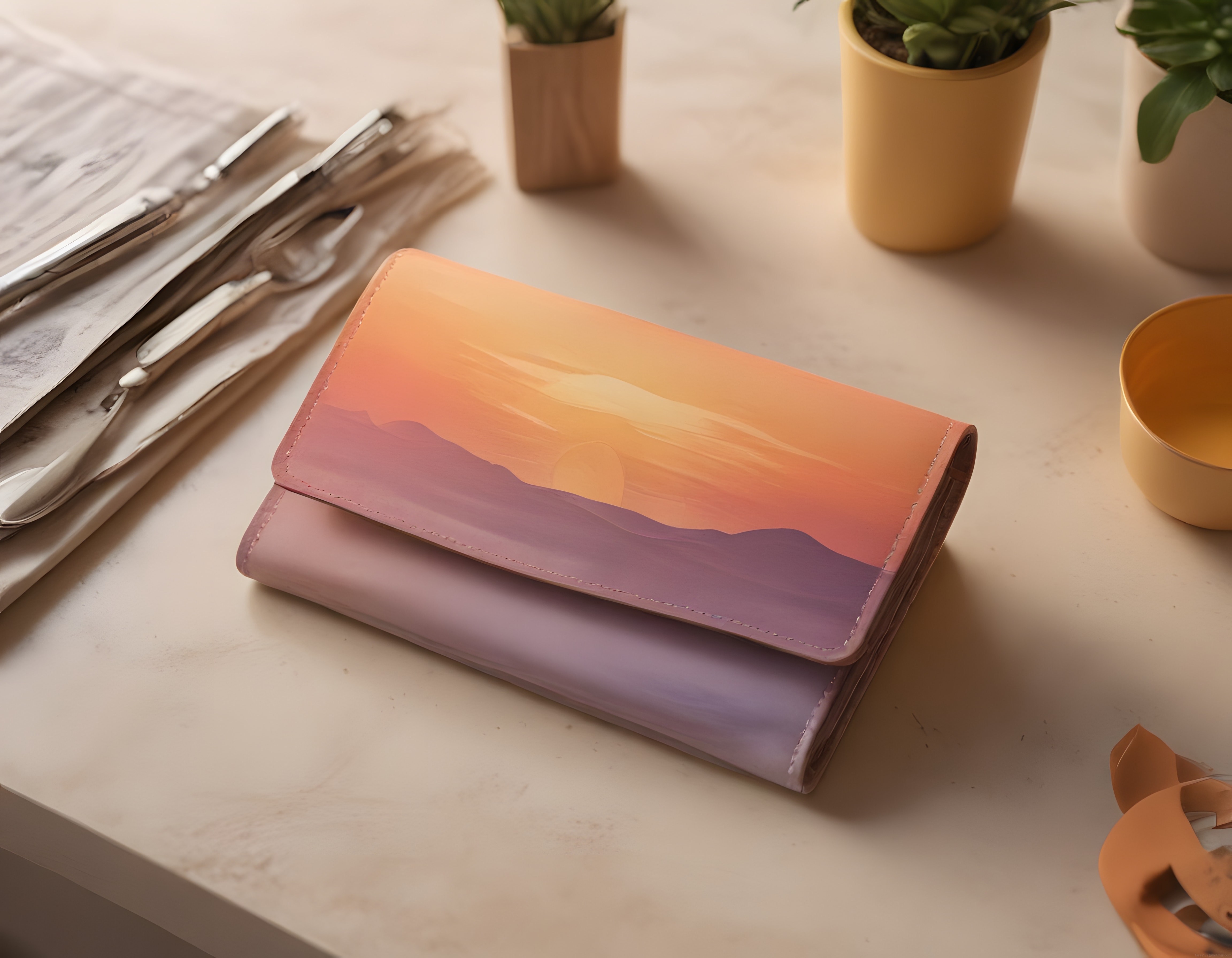 Gün Batımı Desenli ve Pastel Mor Deri Cüzdanlarla Şık Masaüstü Düzeni