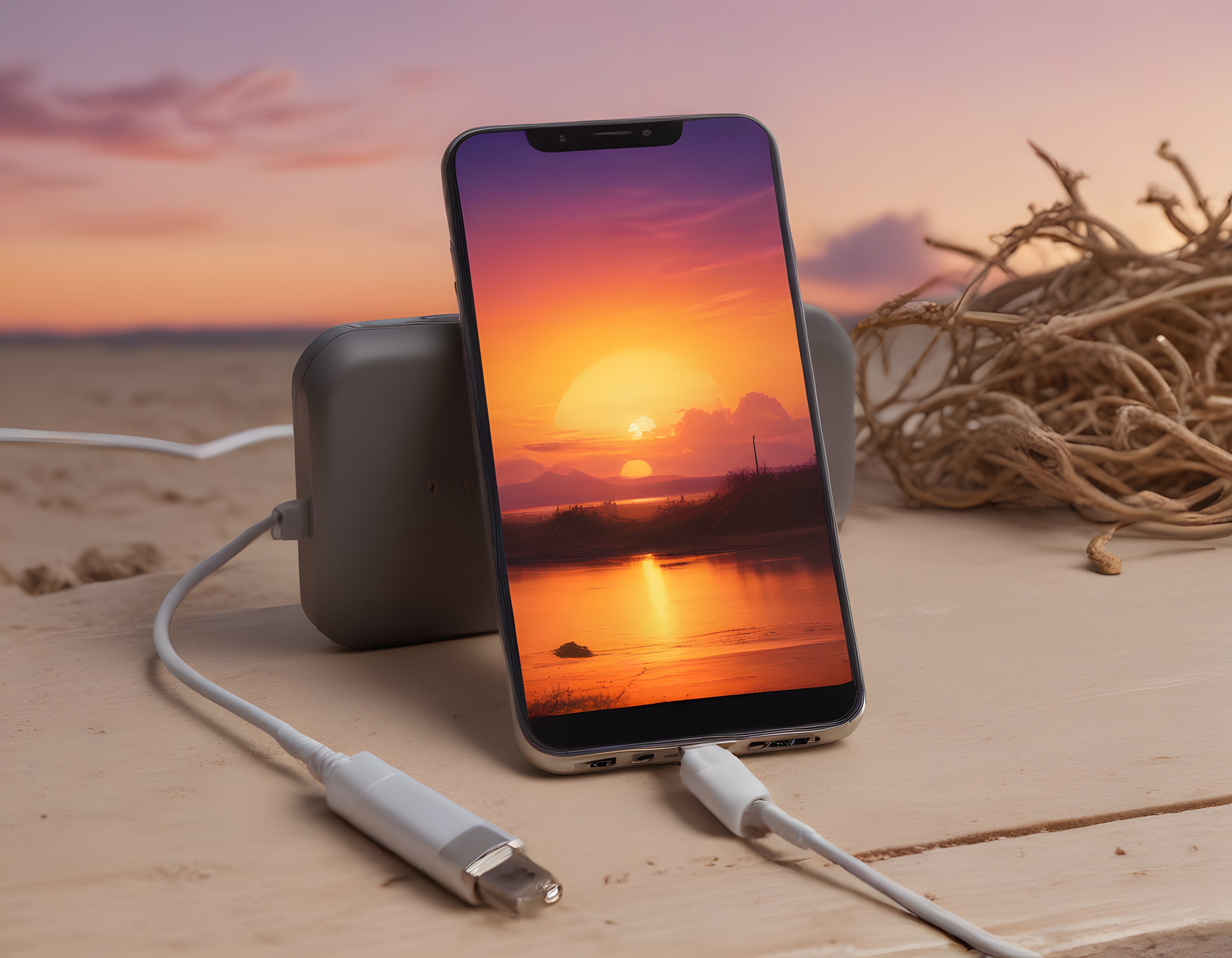Gün Batımı Ekranlı Akıllı Telefon ve Powerbank ile Minimalist Teknoloji Sahnesi