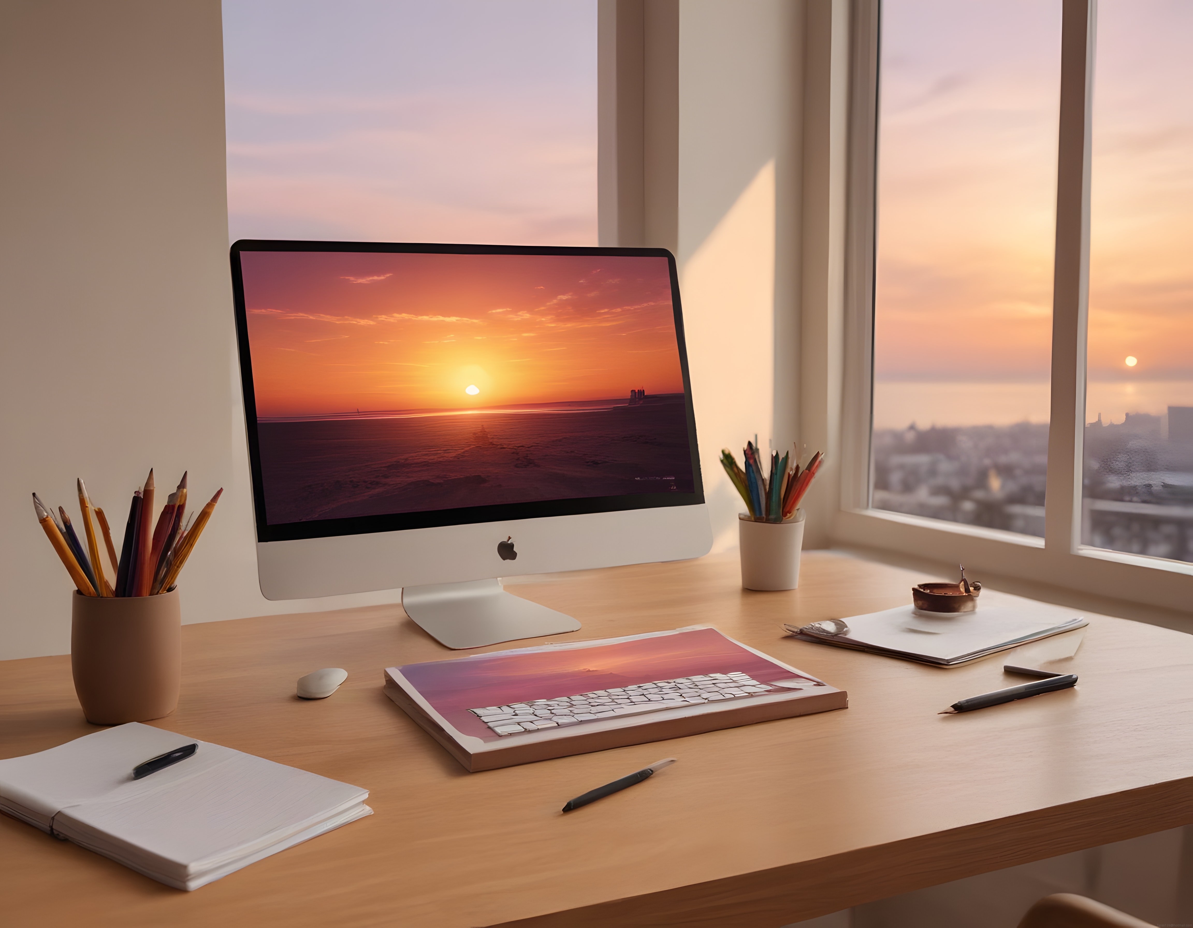Gün Batımı Eşliğinde Düzenli ve Minimalist Ev Ofisi Çalışma Alanı