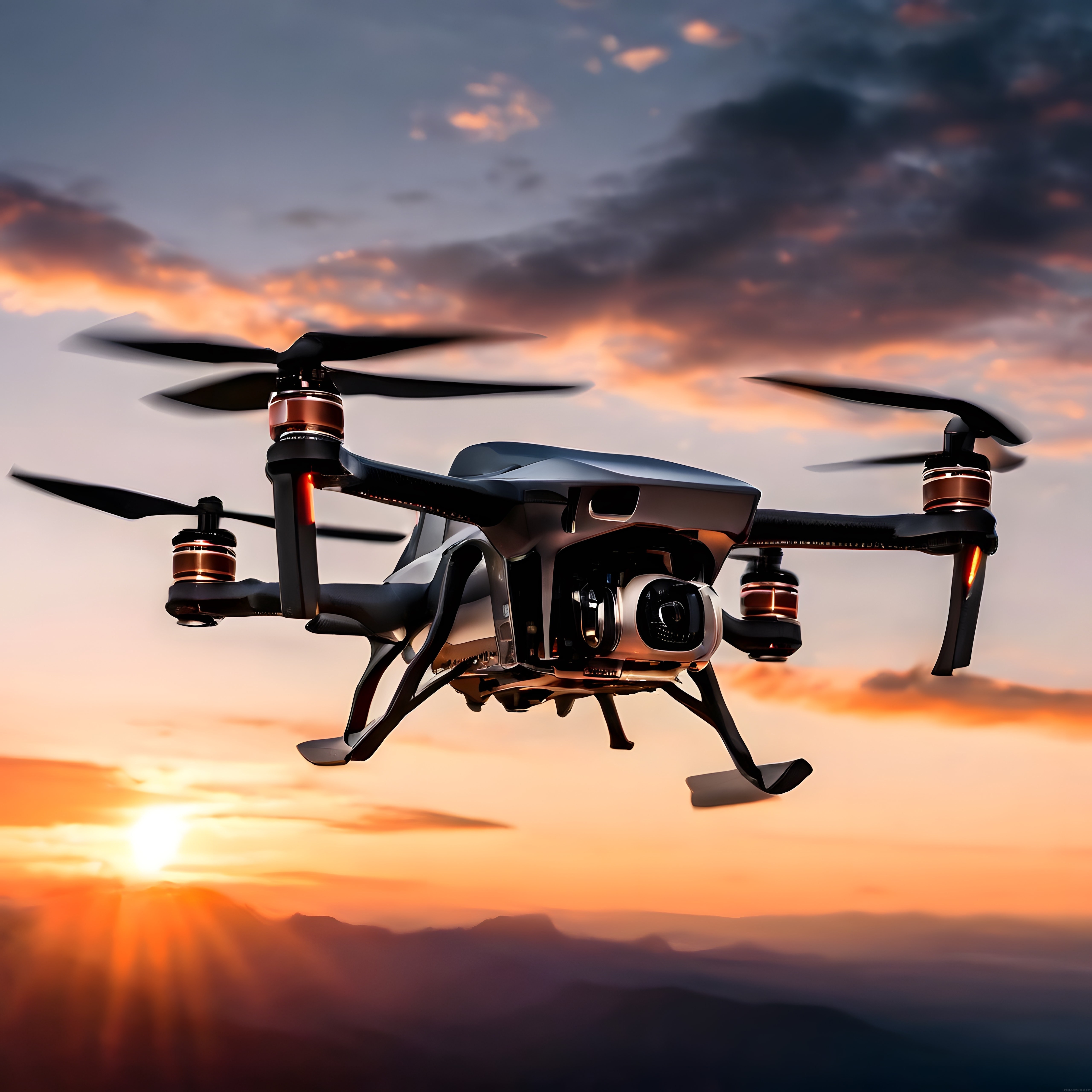 Gün Batımı Eşliğinde Gökyüzünde Uçan Profesyonel Drone ve Dağ Manzarası