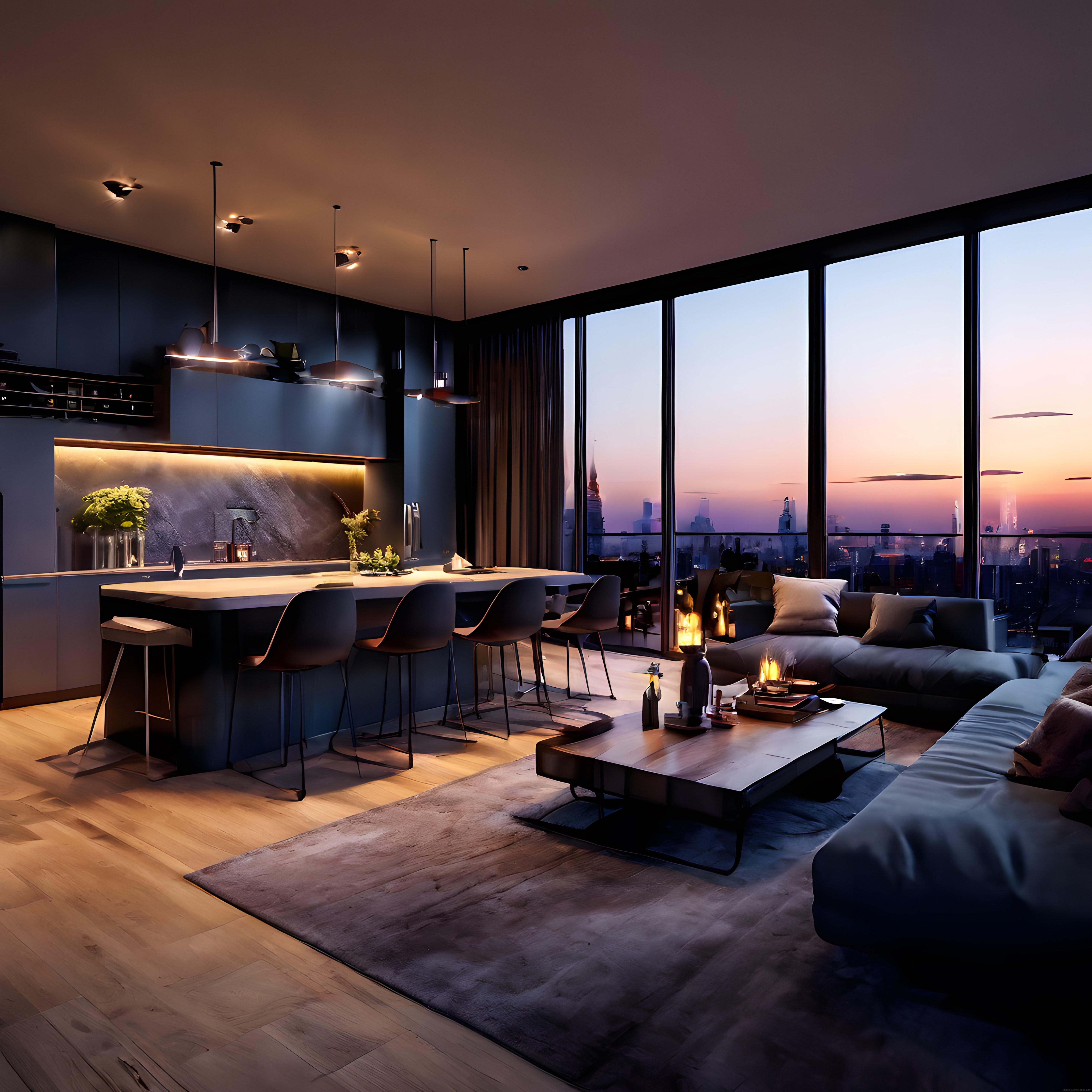 Gün Batımı Eşliğinde Şehir Manzaralı Modern Lüks Daire İç Mekanı