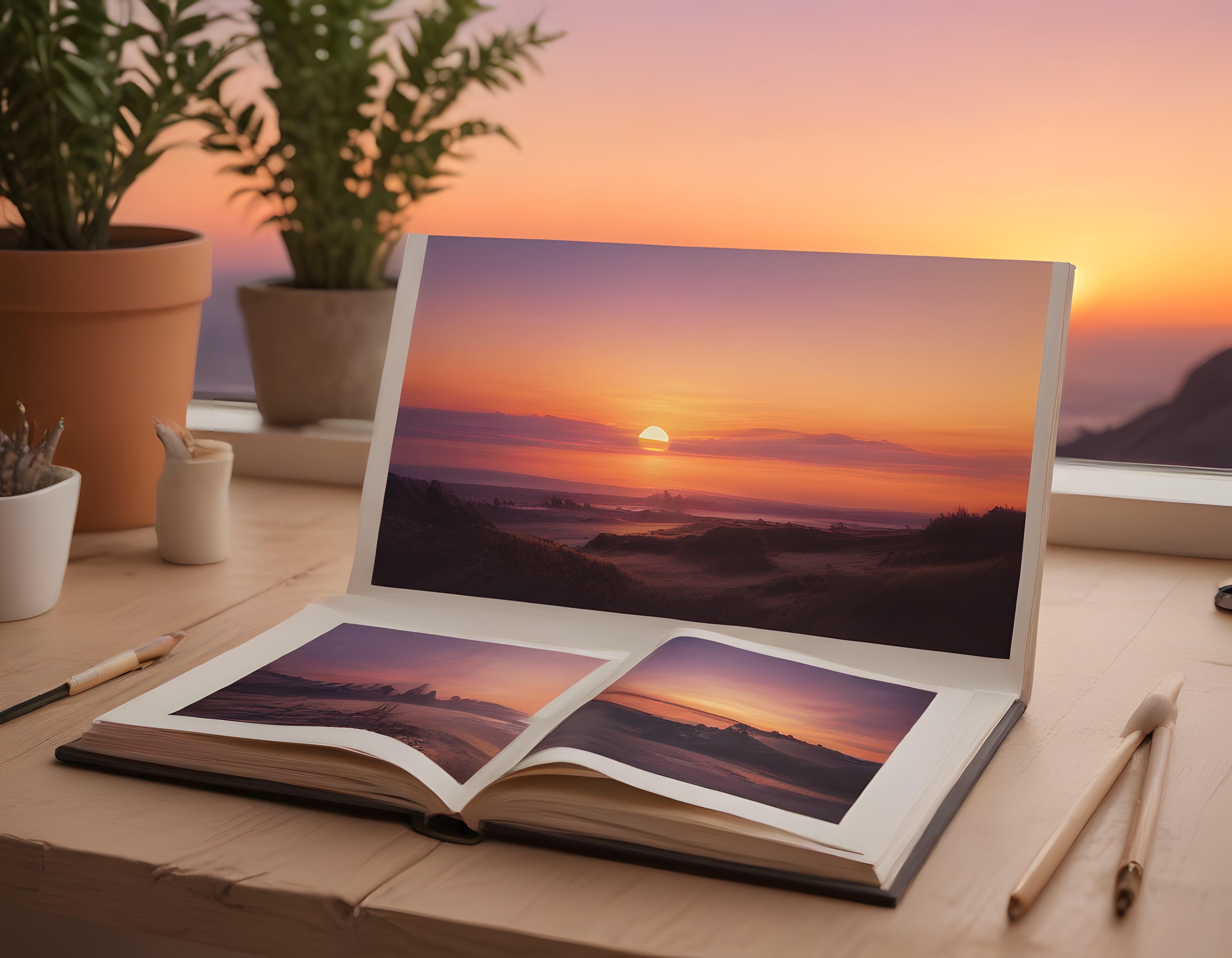 Gün Batımı Işığında Açık Fotoğraf Albümü ve Huzurlu Ev İçi Manzarası