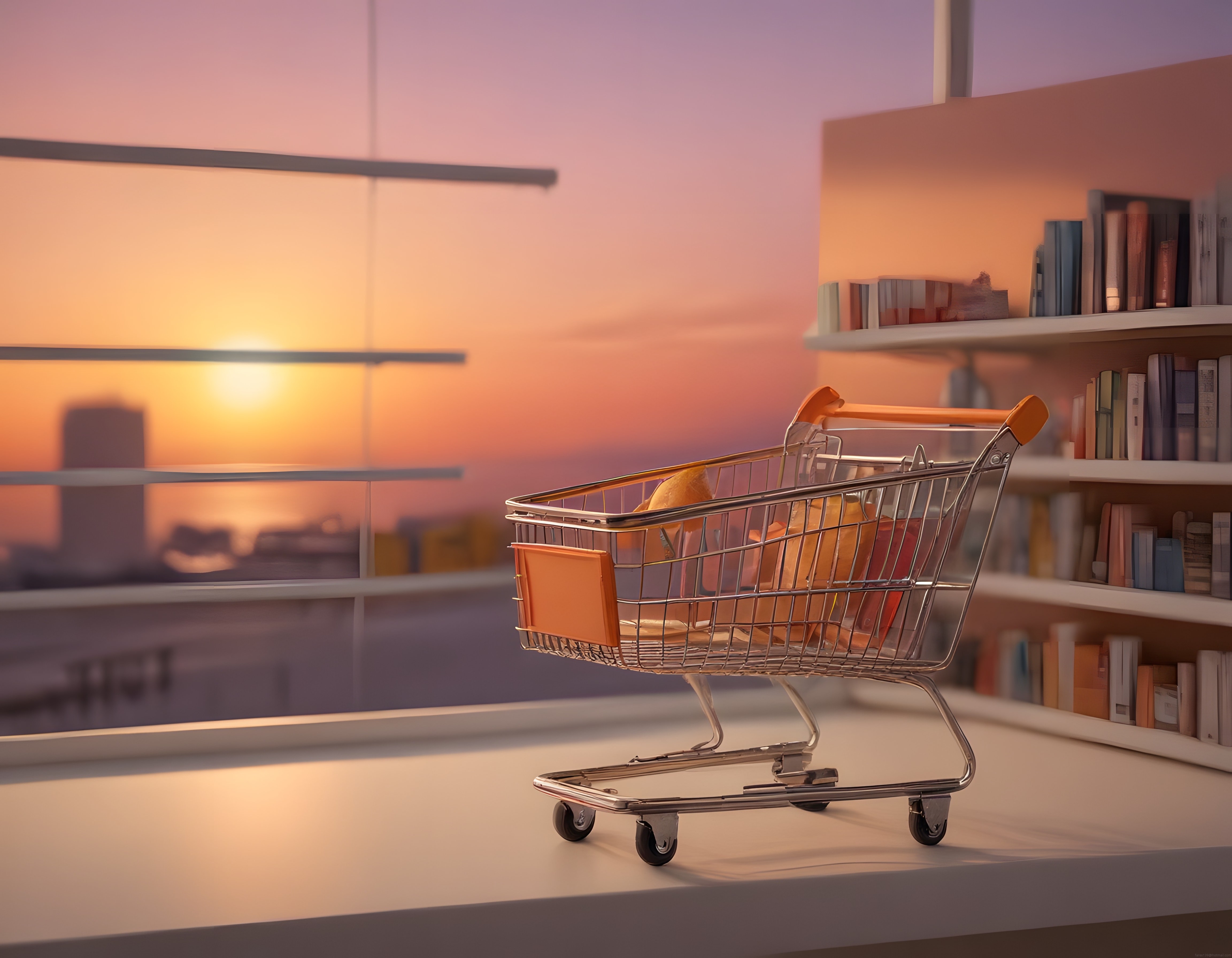 Gün Batımı Işığında Alışveriş Sepeti ve Kitaplık Detaylı Modern İç Mekan