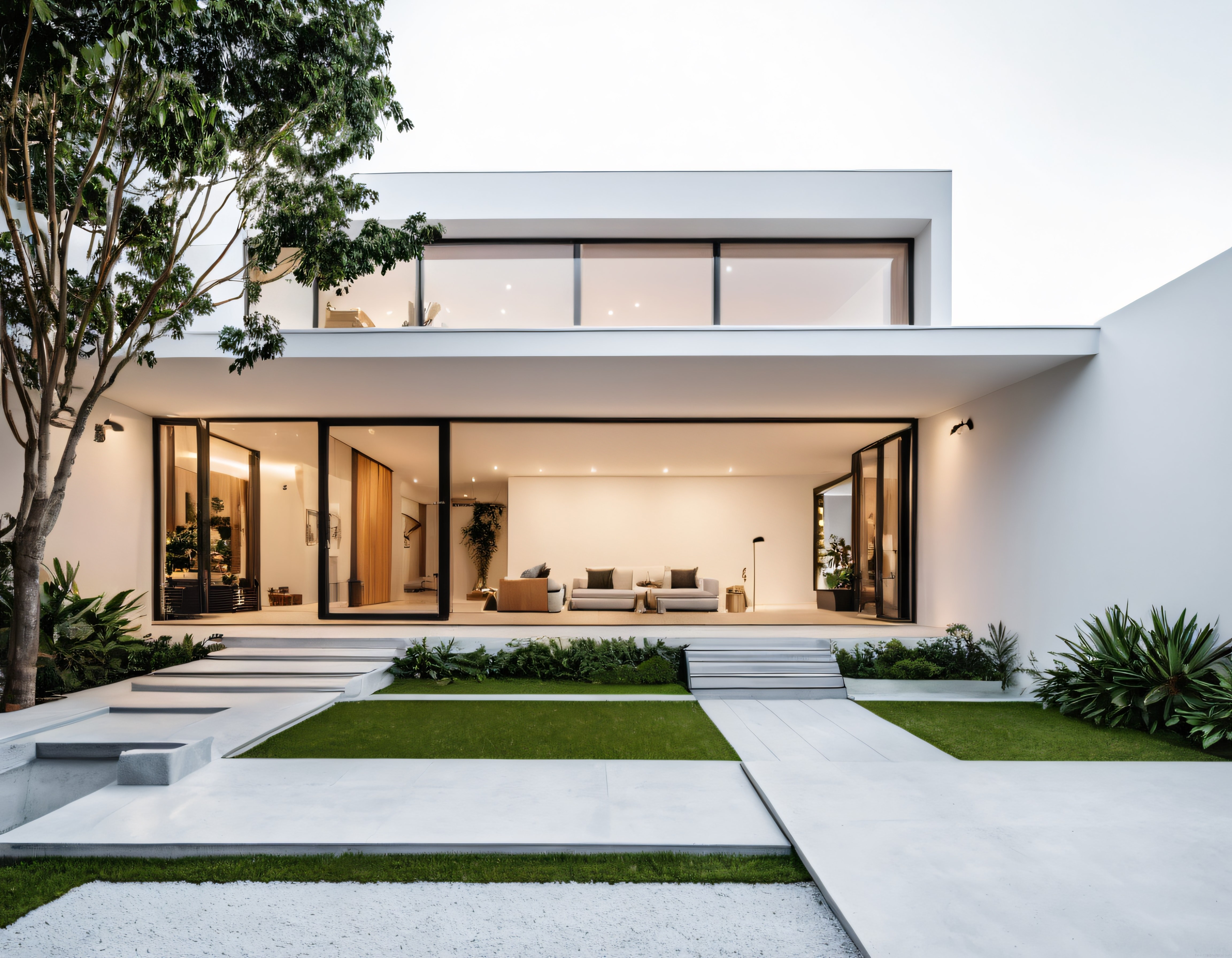 Gün Batımı Işığında Beyaz Cepheli ve Geniş Camlı Modern Minimalist Villa Tasarımı