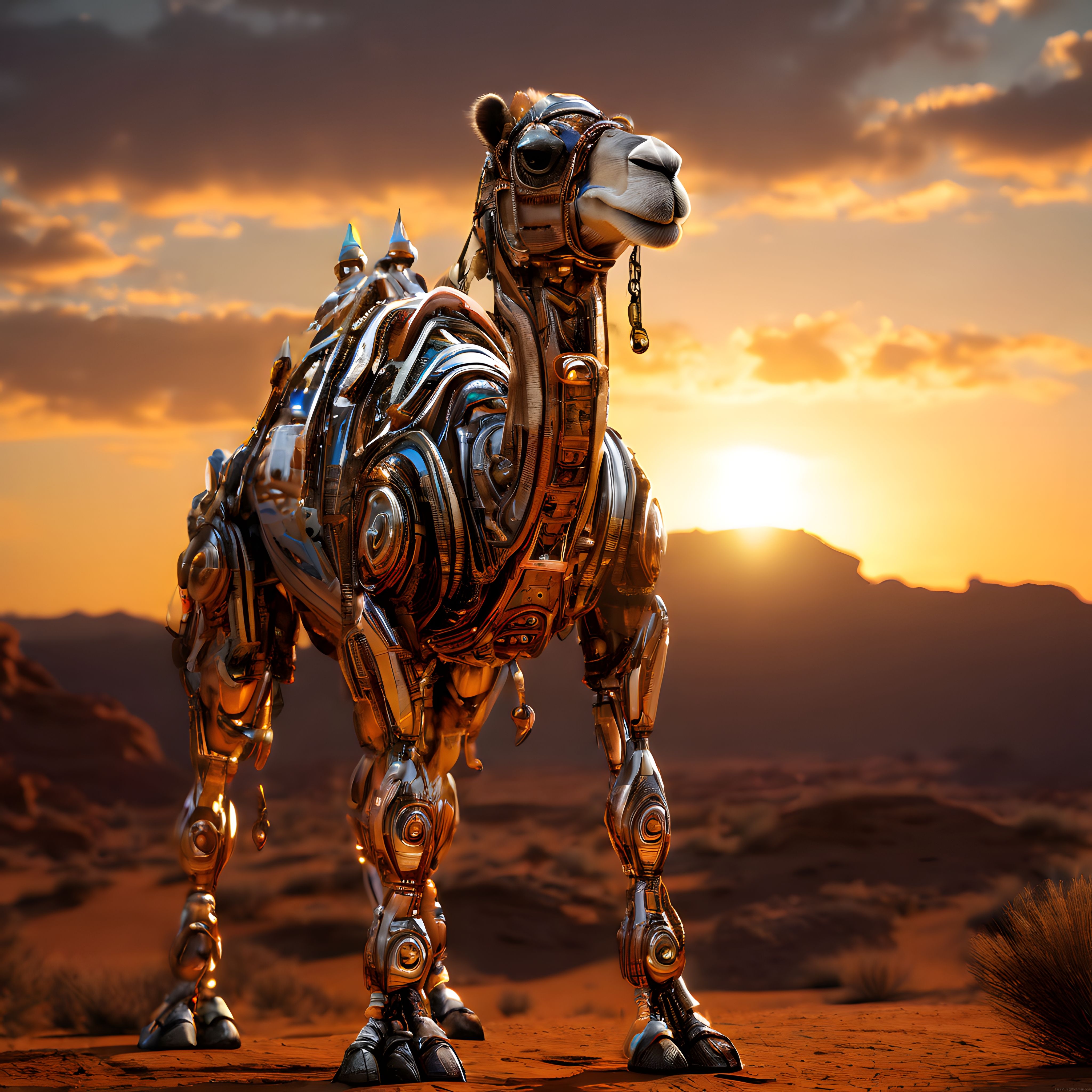 Gün Batımı Işığında Çölde Duran Geleceğin Metal Mekanik Deve Robotu