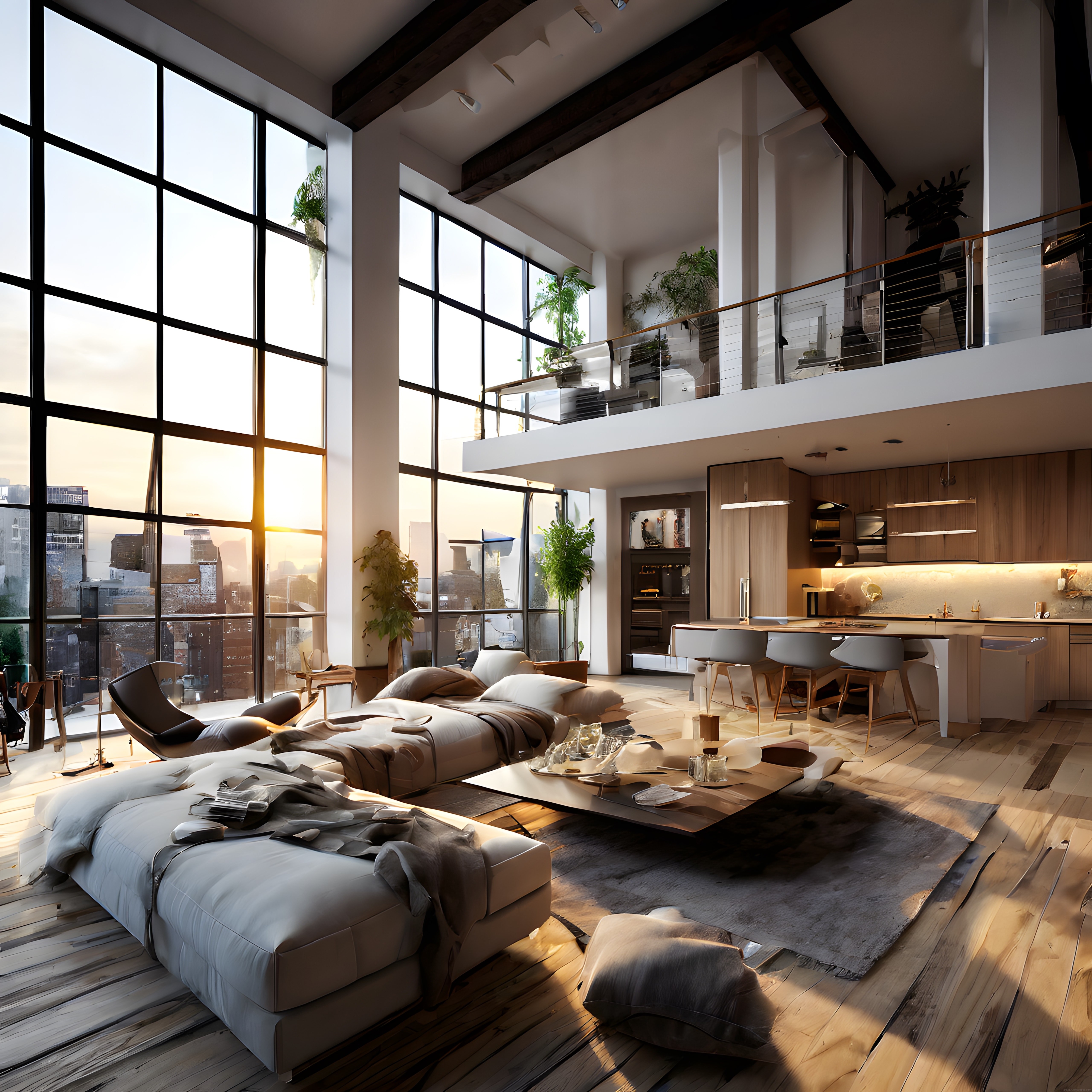Gün Batımı Işığında Lüks Modern Loft Daire ve Şehir Manzaralı İç Mekan Tasarımı
