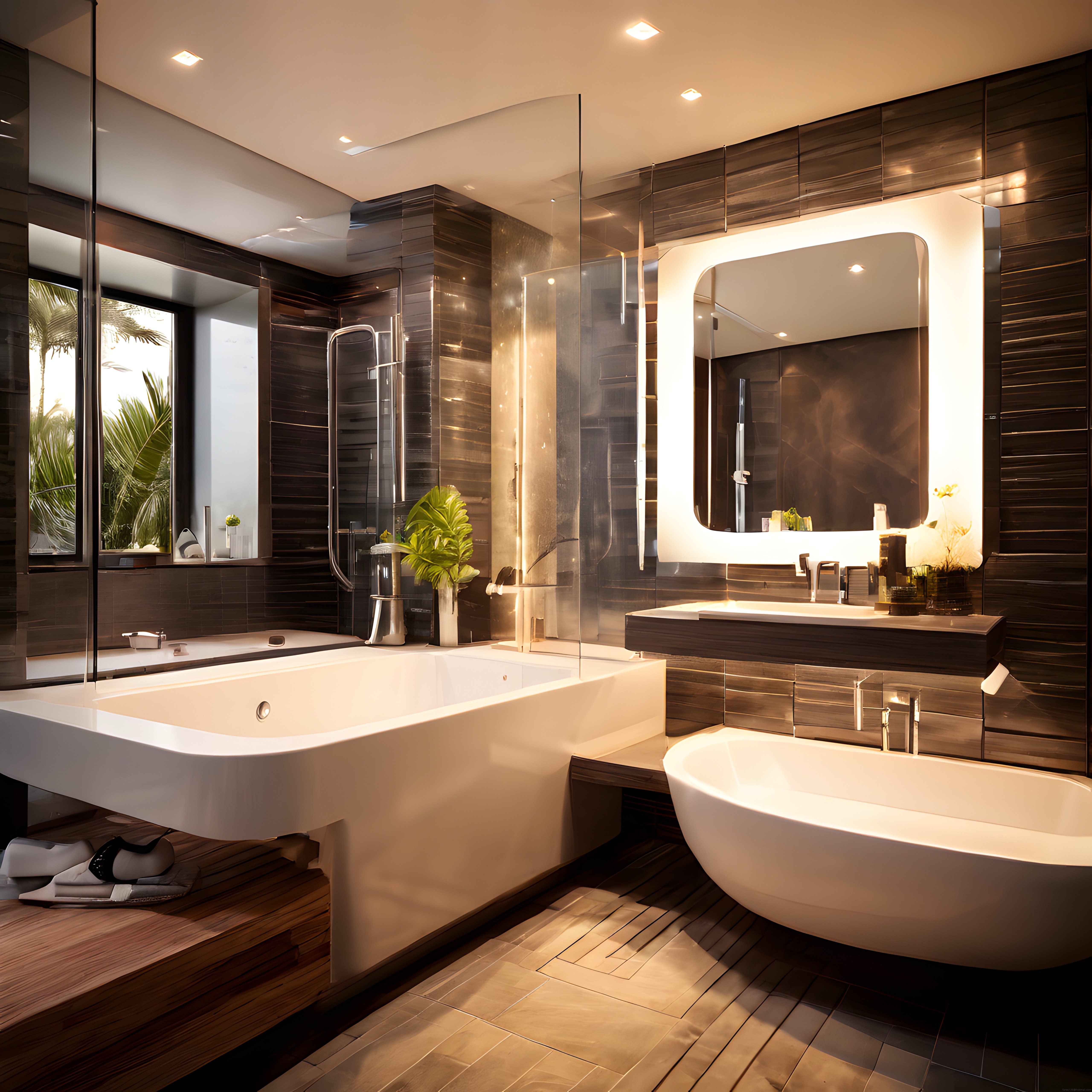 Gün batımı ışığında lüks spa tarzı modern banyo tasarımı ve derin küvet