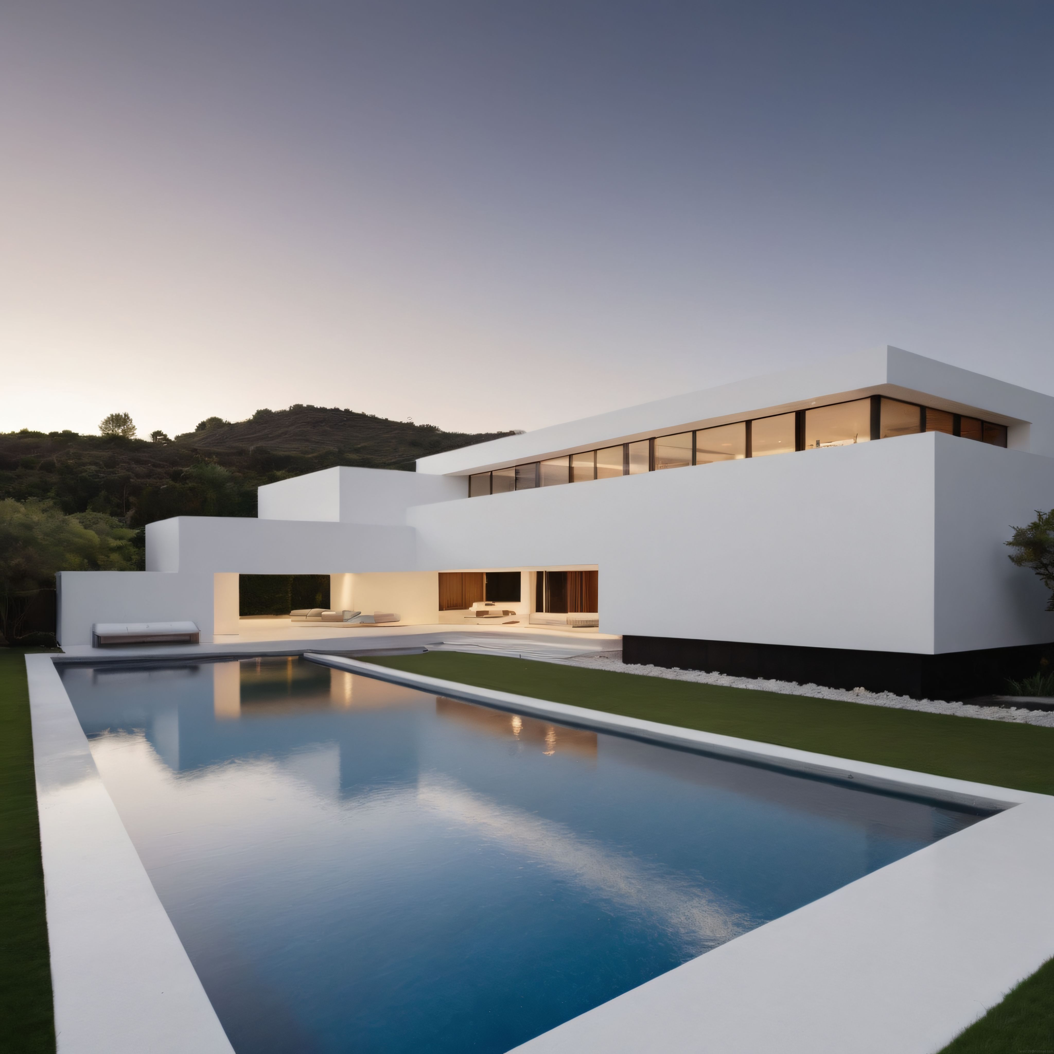 Gün Batımı Işığında Modern Beyaz Villa ve Infinity Havuz Manzarası
