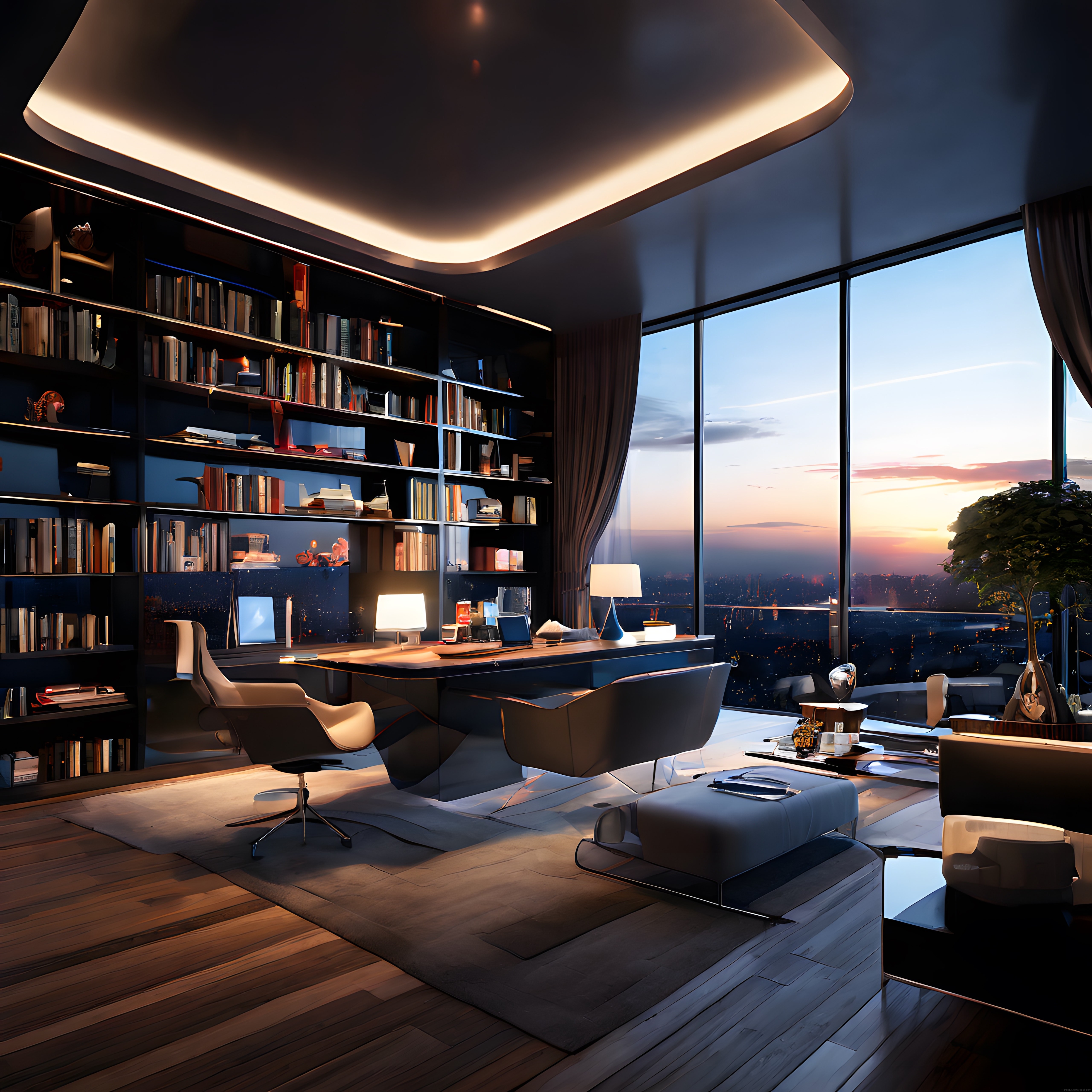 Gün Batımı Işığında Panoramik Manzaralı Lüks Modern Çalışma Odası Tasarımı