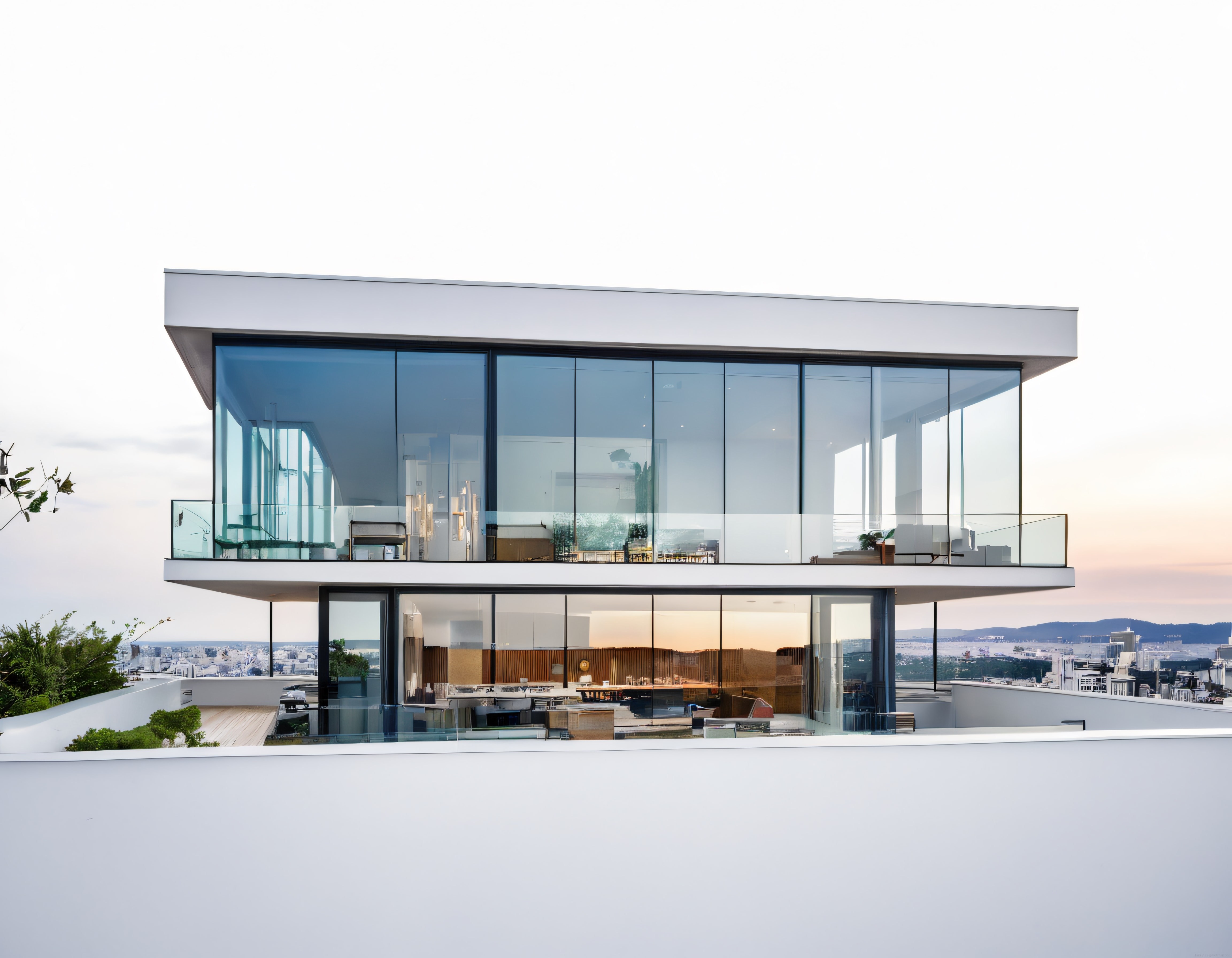 Gün Batımı Işığında Panoramik Şehir Manzaralı Lüks Modern Cam Villa