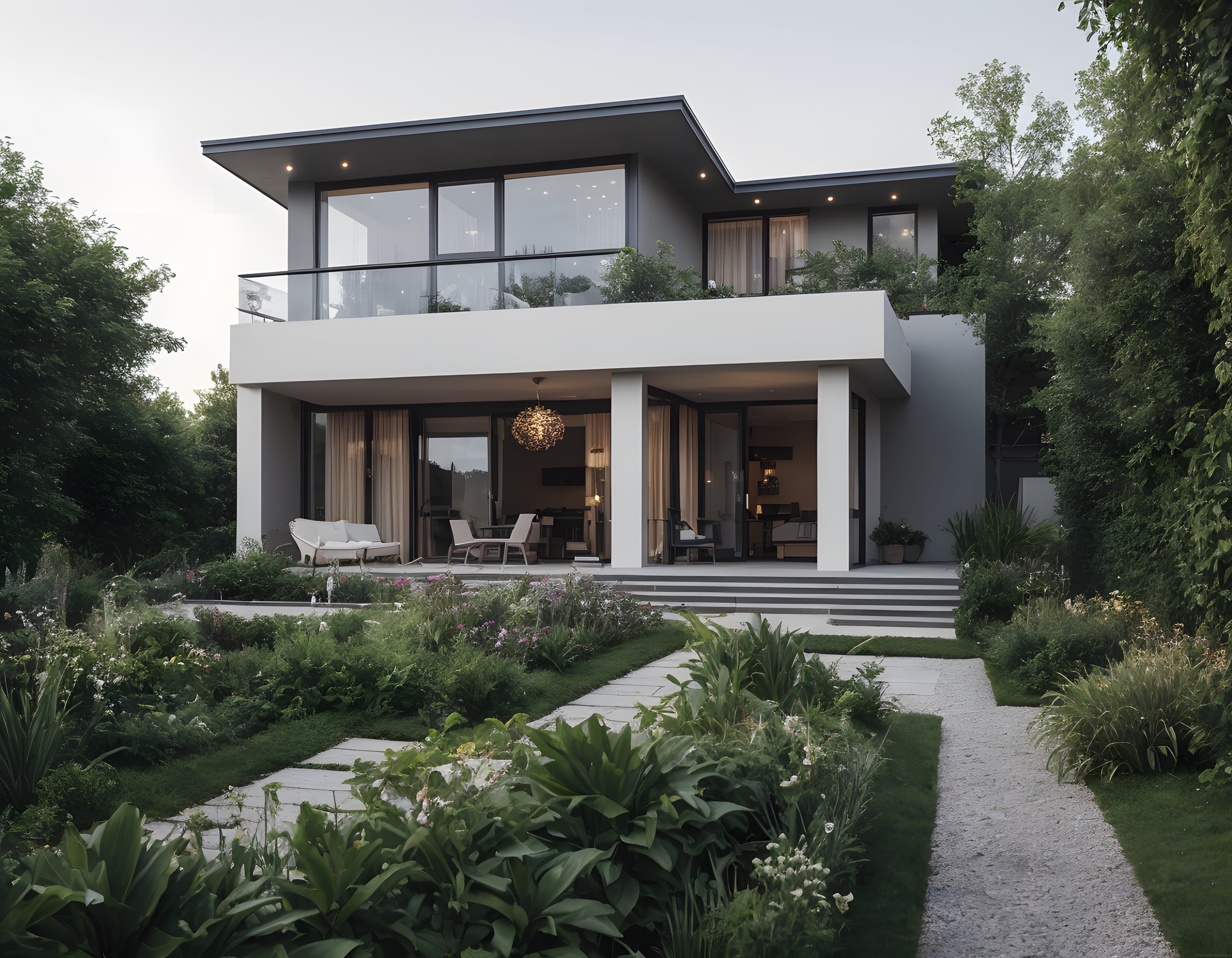 Gün Batımı Işığında Sıcak Dokulu Modern Villa ve Düzenli Bahçe Manzarası