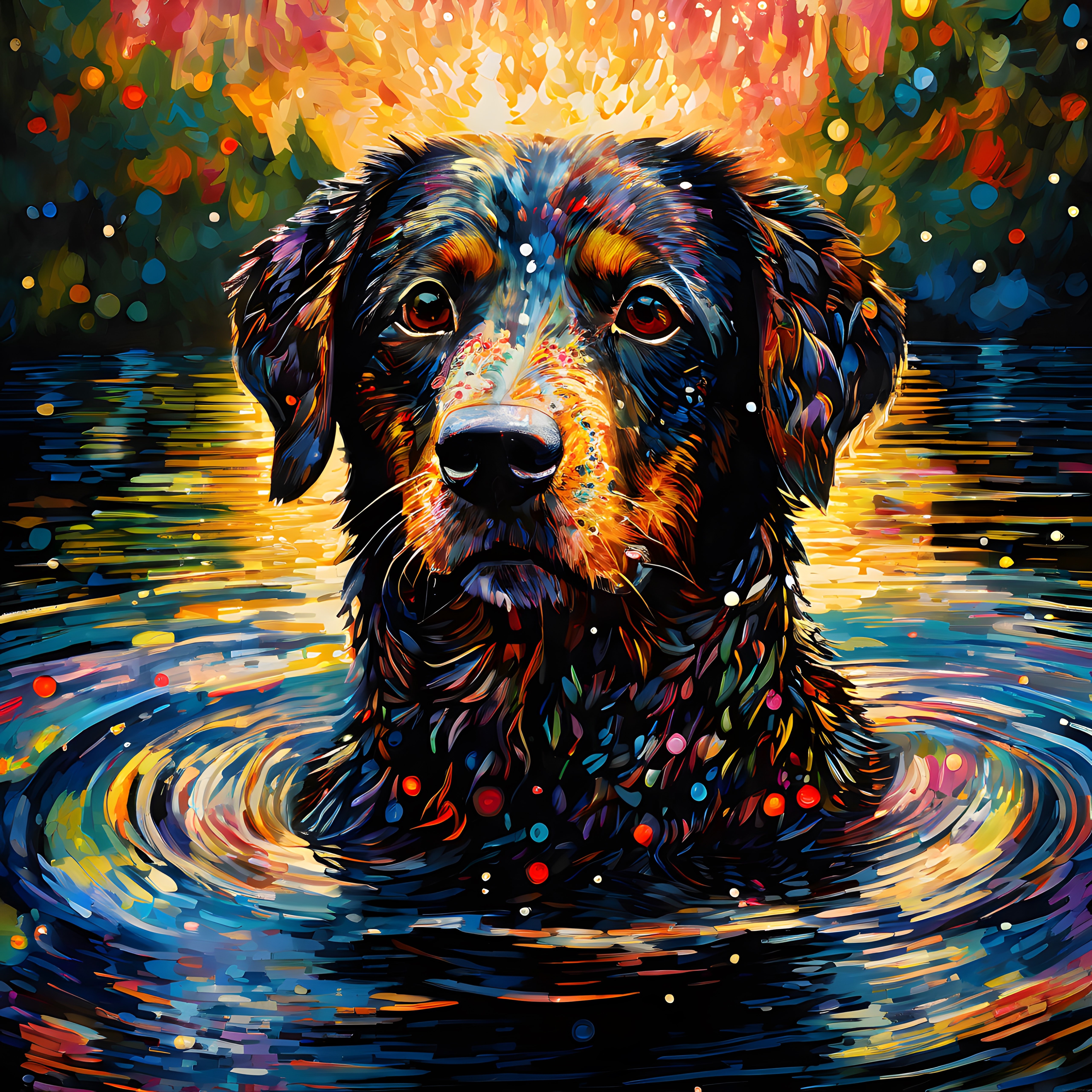 Gün Batımı Işığında Suda Oturan Siyah Spaniel Köpek Dijital Sanat Çalışması