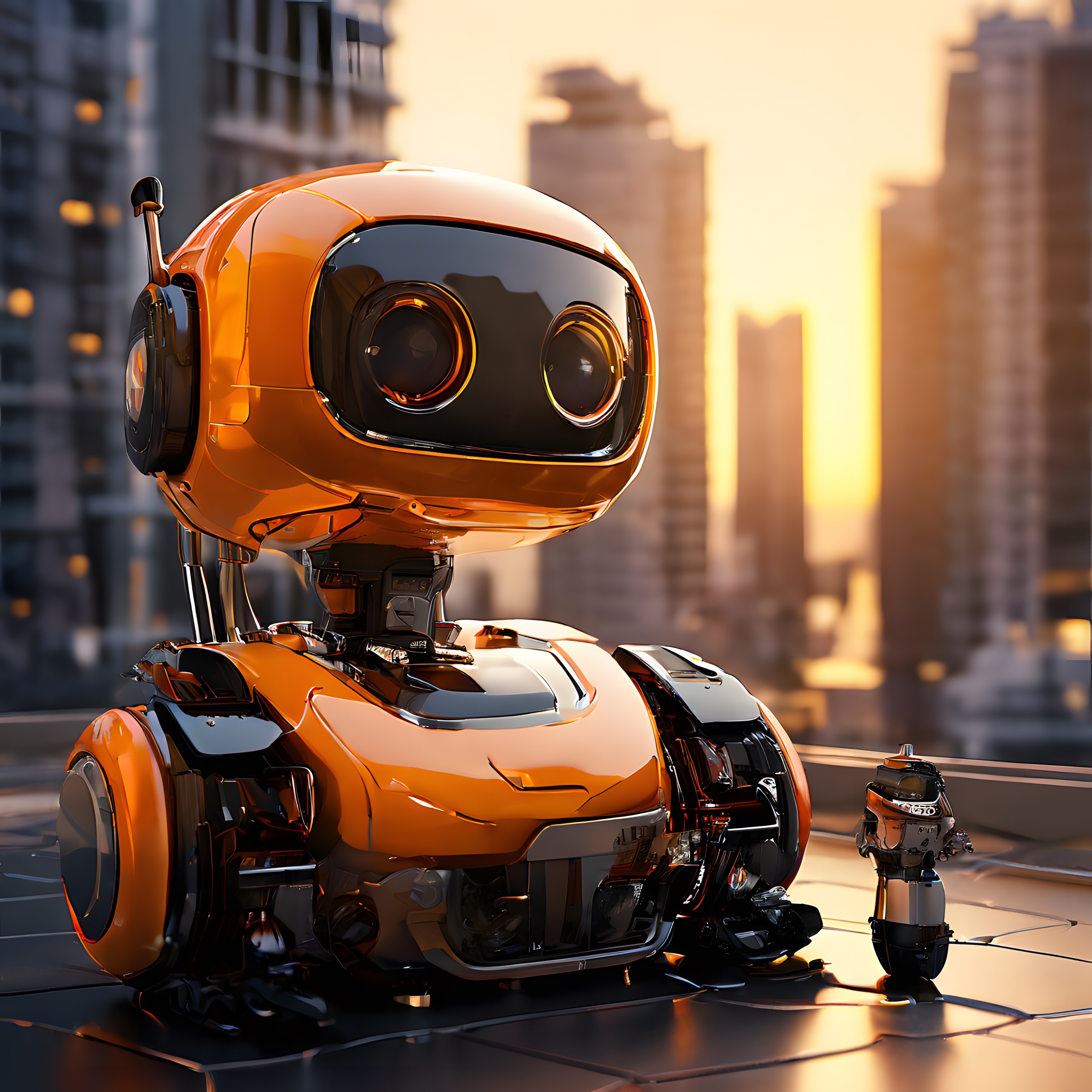 Gün Batımı Işıklarında Sevimli Turuncu Robot ve Minik Dostunun Şehir Macerası
