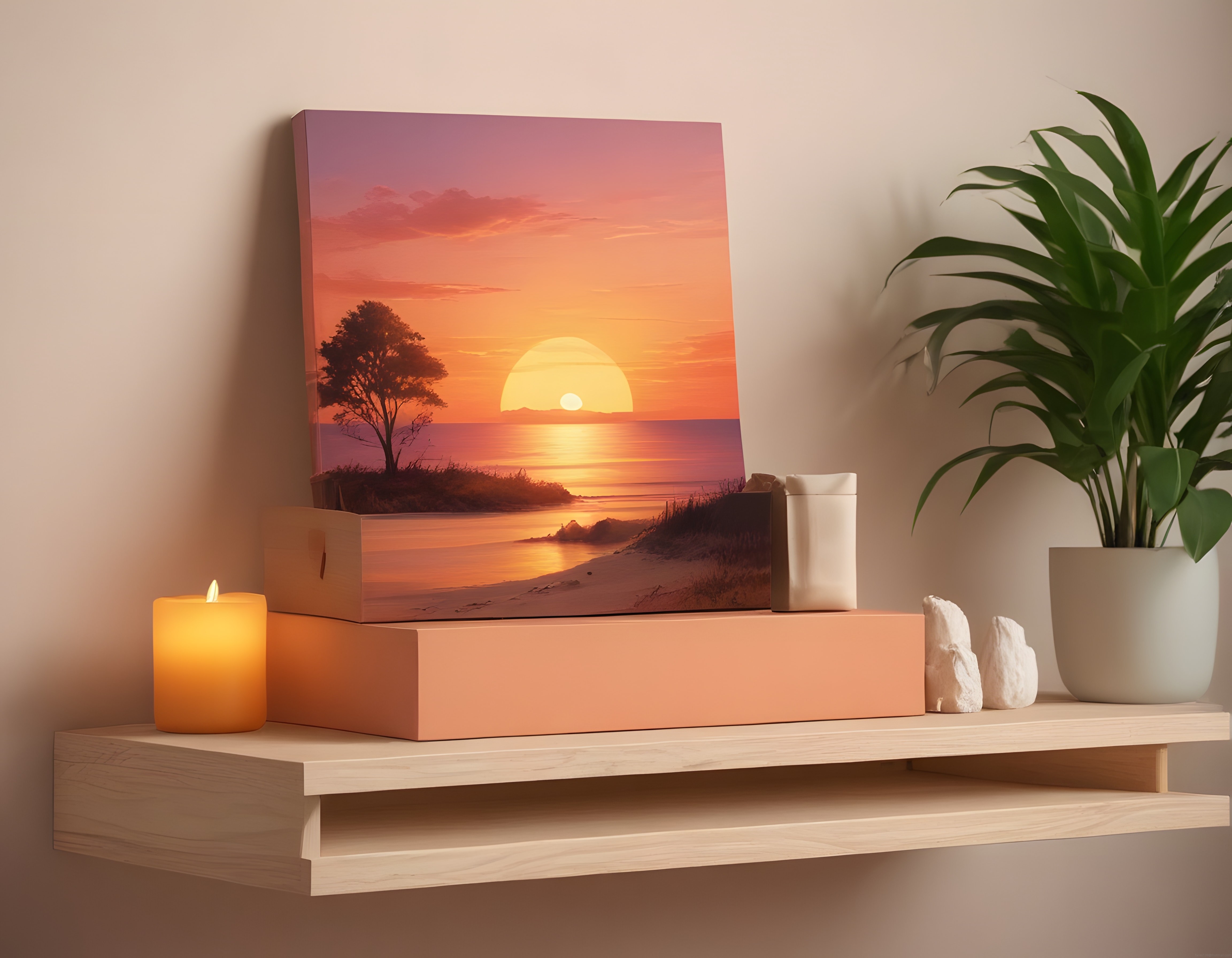 Gün batımı kanvas tablo ve mum ışığıyla sıcak minimalist duvar dekorasyonu