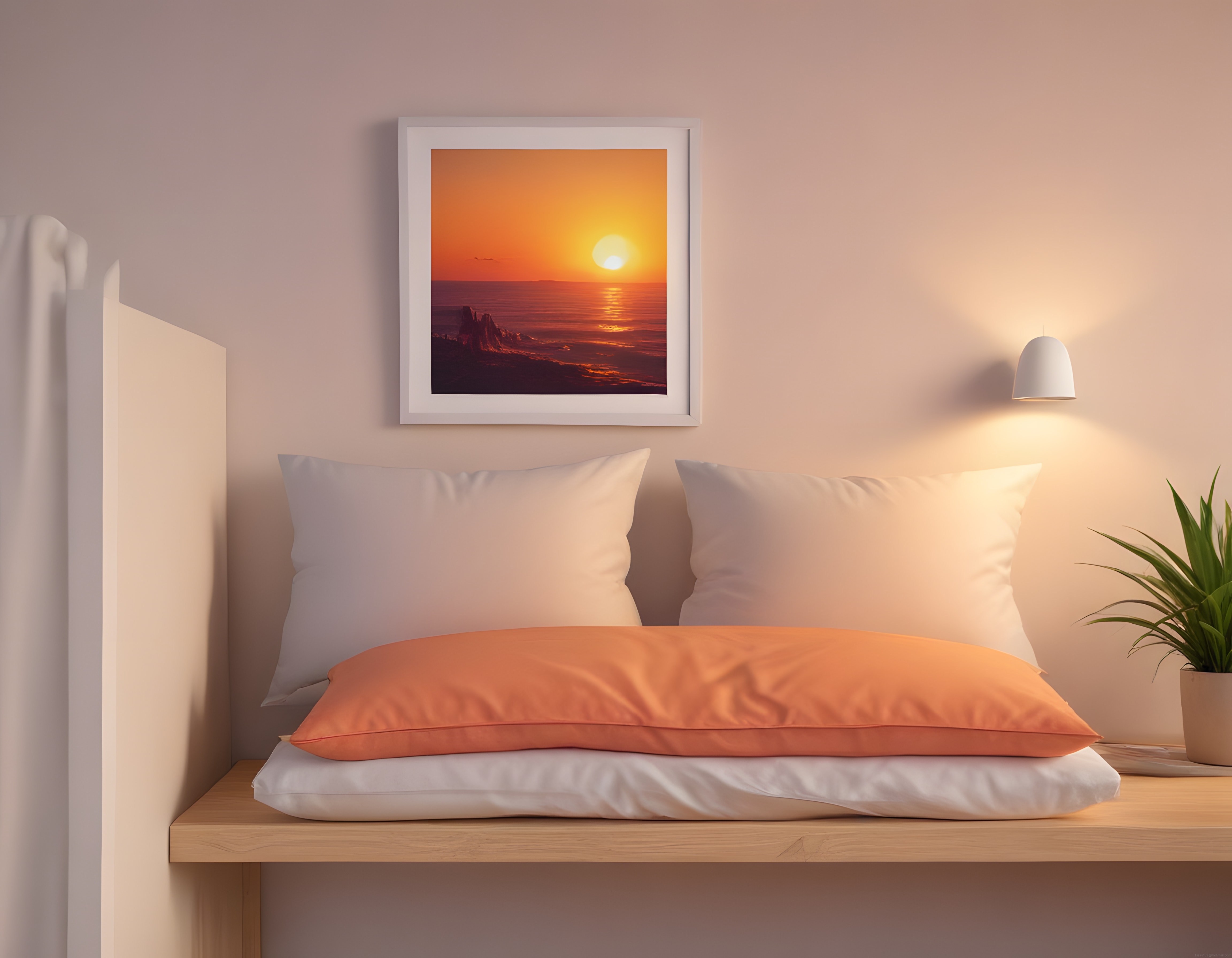 Gün Batımı Manzaralı Çerçeveli Minimal Yatak Odası Köşesi ve Dekorasyon