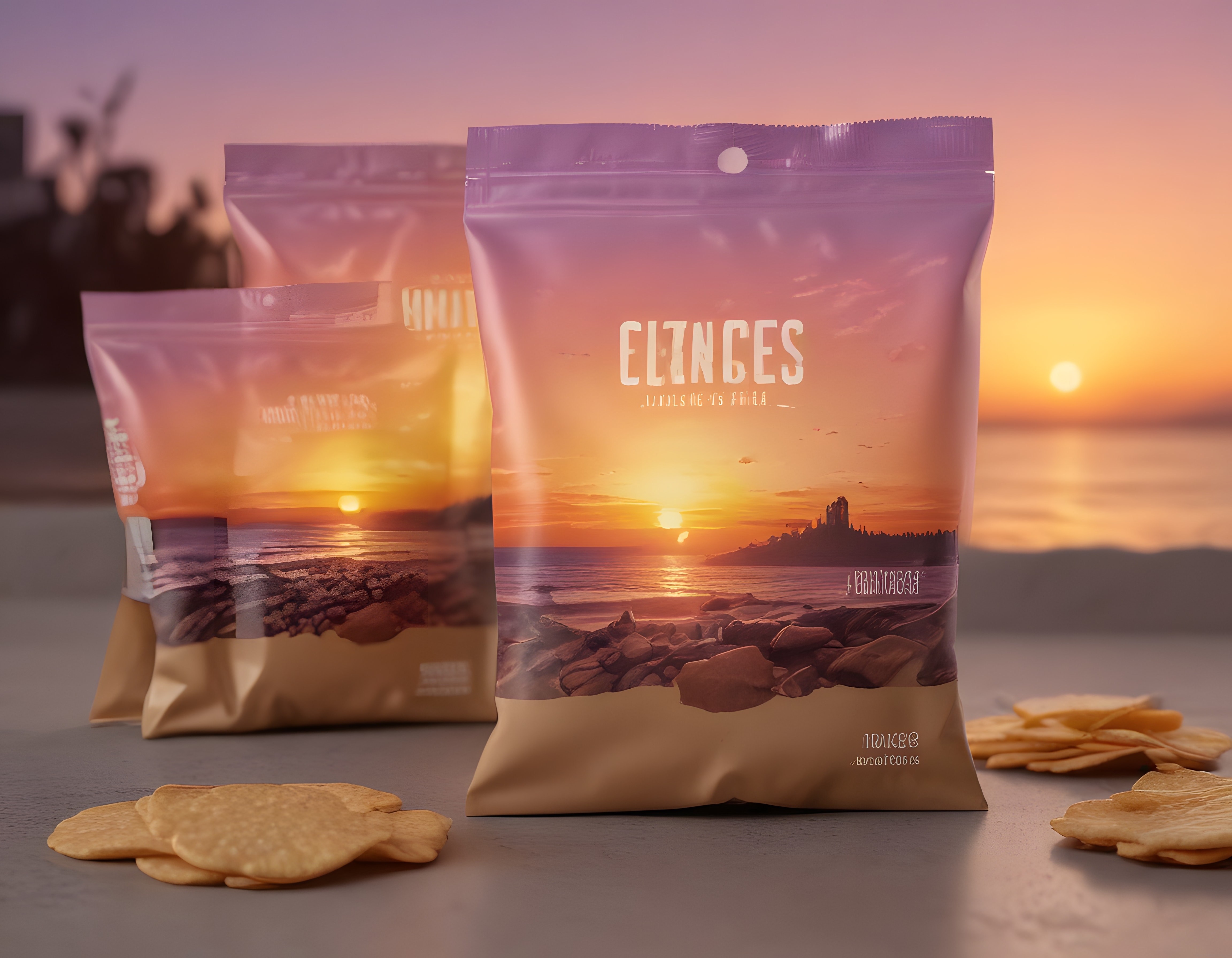 gün batımı manzaralı cips ambalajları ve önlerinde serilmiş gevrek atıştırmalıklar