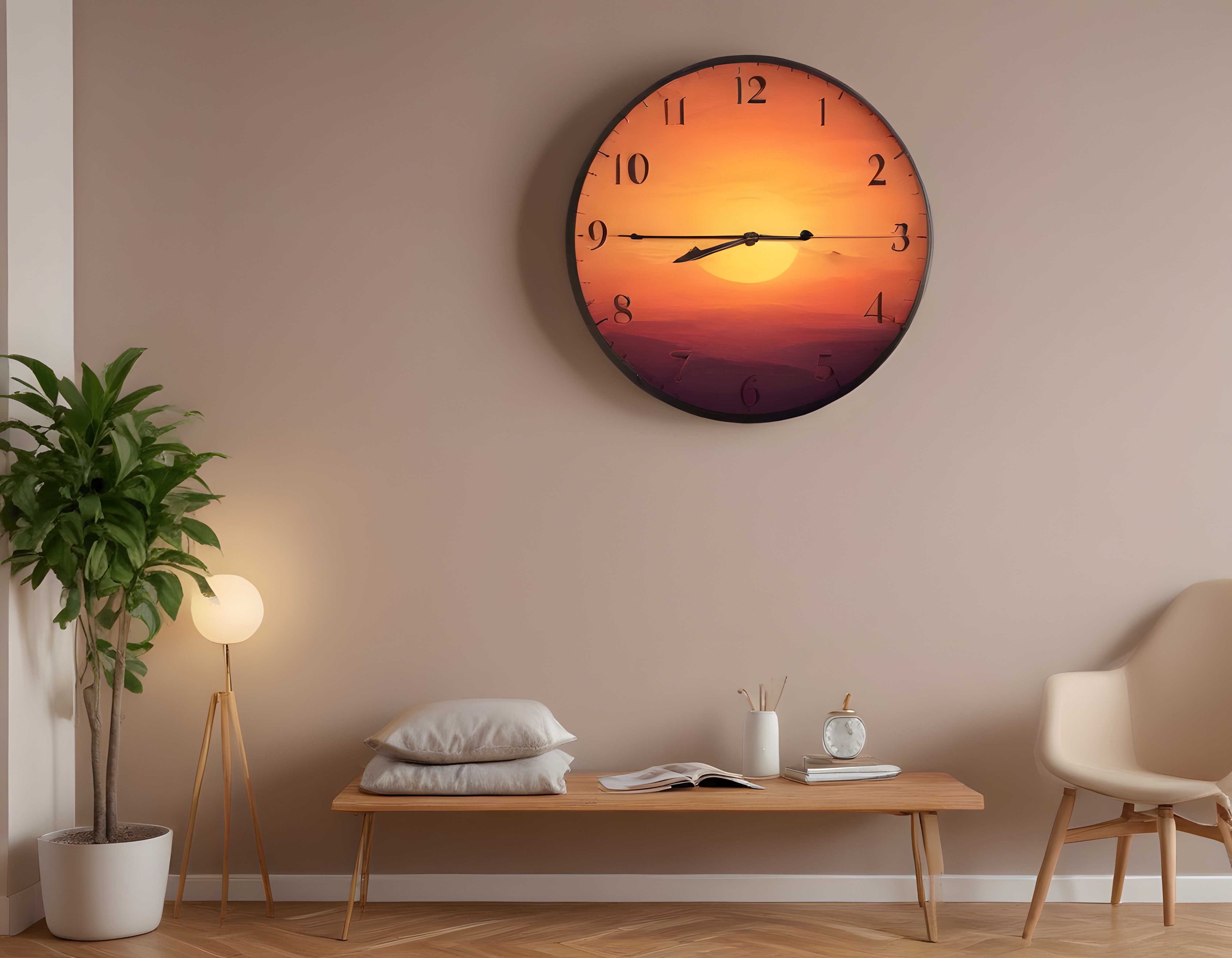 Gün Batımı Manzaralı Duvar Saati ile Sıcak ve Modern Salon Dekorasyonu